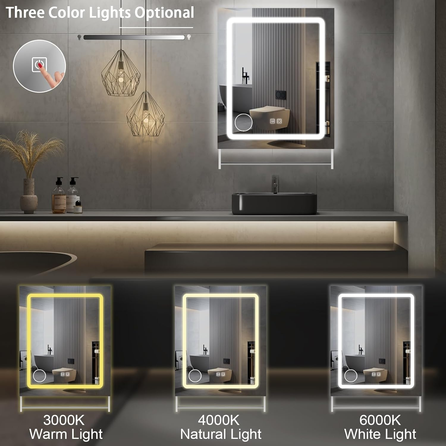 Vabches LED Bathroom Mirror with Lights 32"x 36", Anti-Fog LED Vanity Mirror, Bathroom Cabinet Wall Mounted, Stepless Dimmable Lighted Mirrors for Bathroom Wall, White