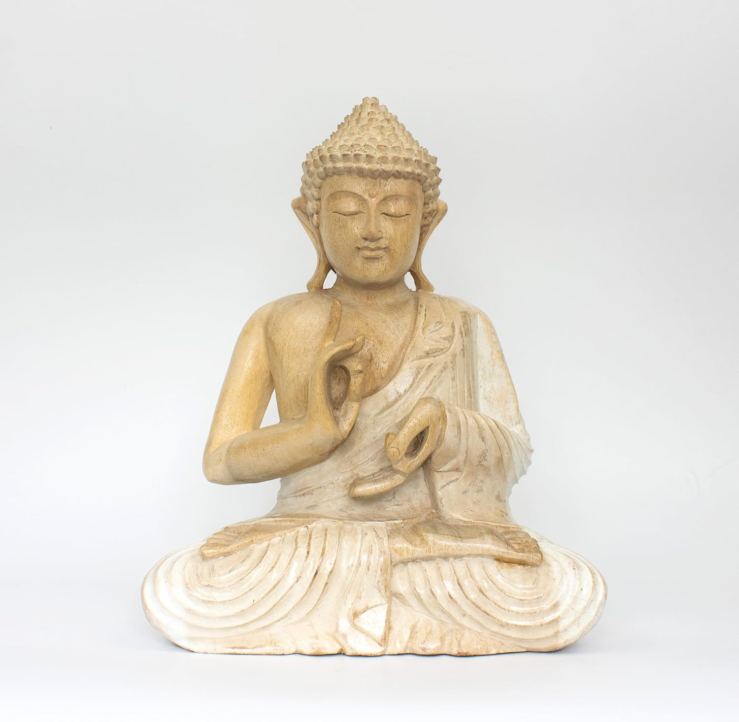12" Whitewashed Wooden Meditating Buddha Statue in Suar Wood