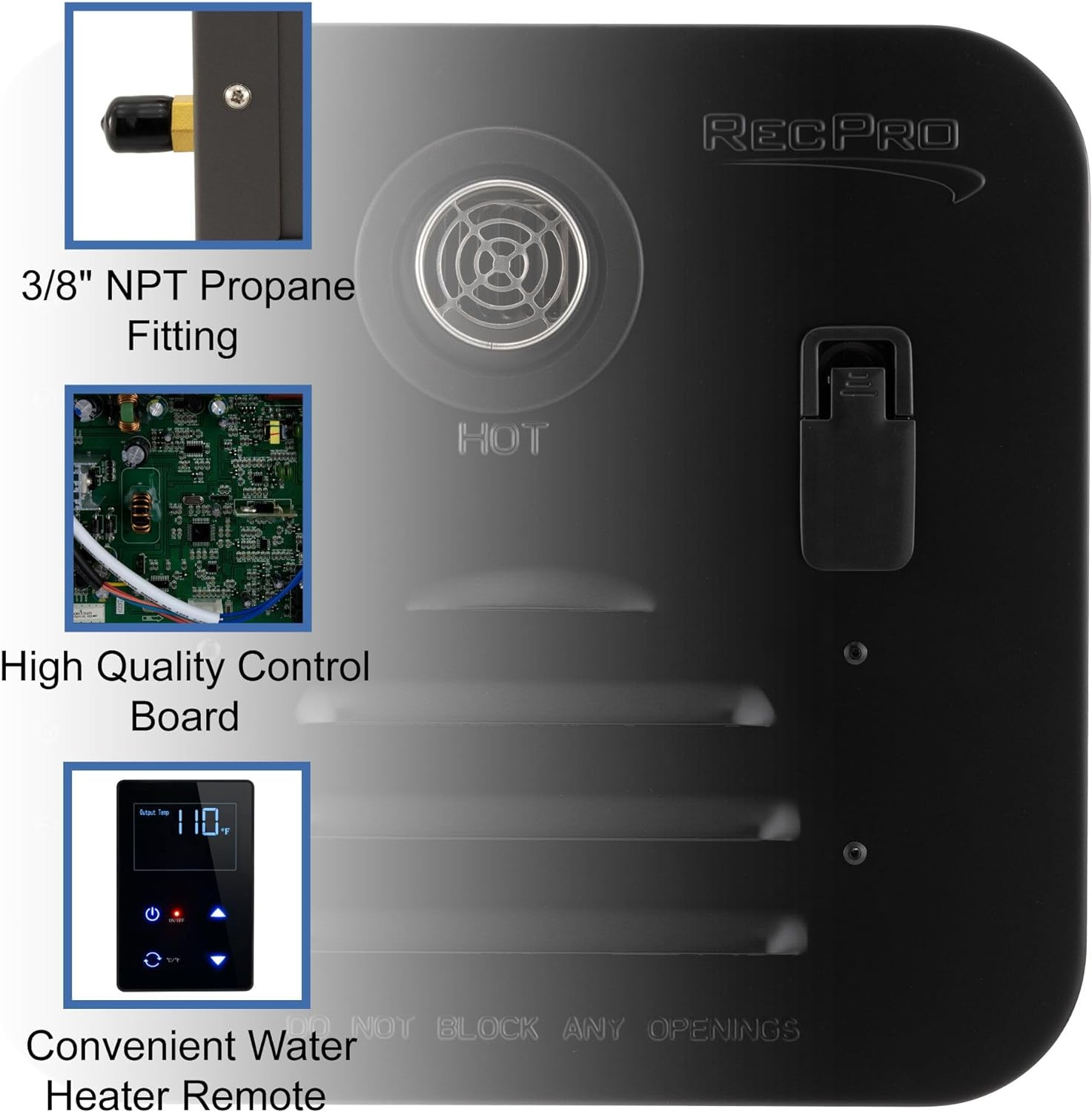 RecPro RV Tankless Water Heater | On Demand Hot Water Heater | 42,000 BTU | Gas Water Heater | Remote Control Included (Black)