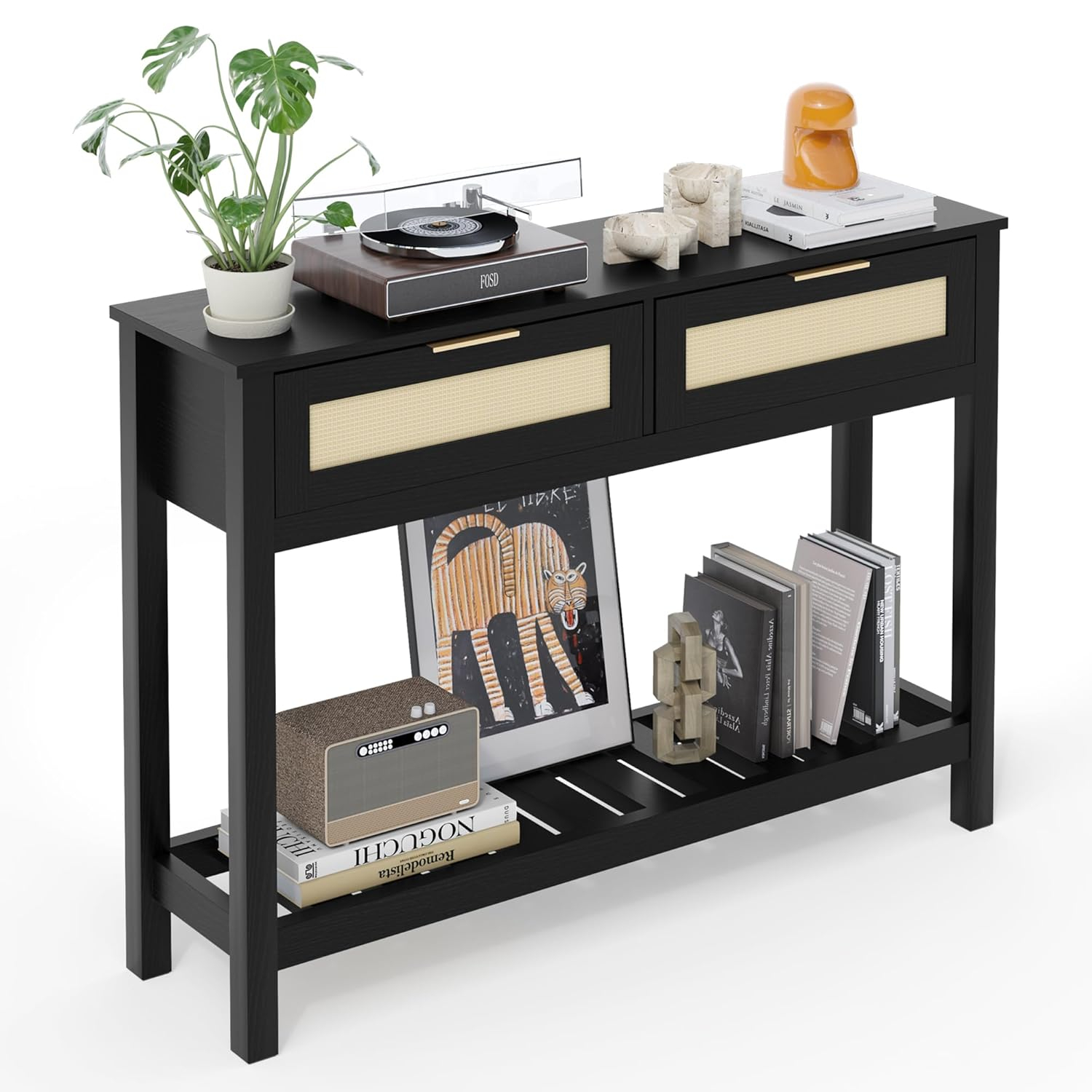 Console Tables with 2 Drawers,Rattan Entryway Table with Storage Shelf,Wood Boho Foyer Tables for Entryway,Farmhouse Console Tables for Living Room,Hallway, Sofa Table,Study Or TV Wall