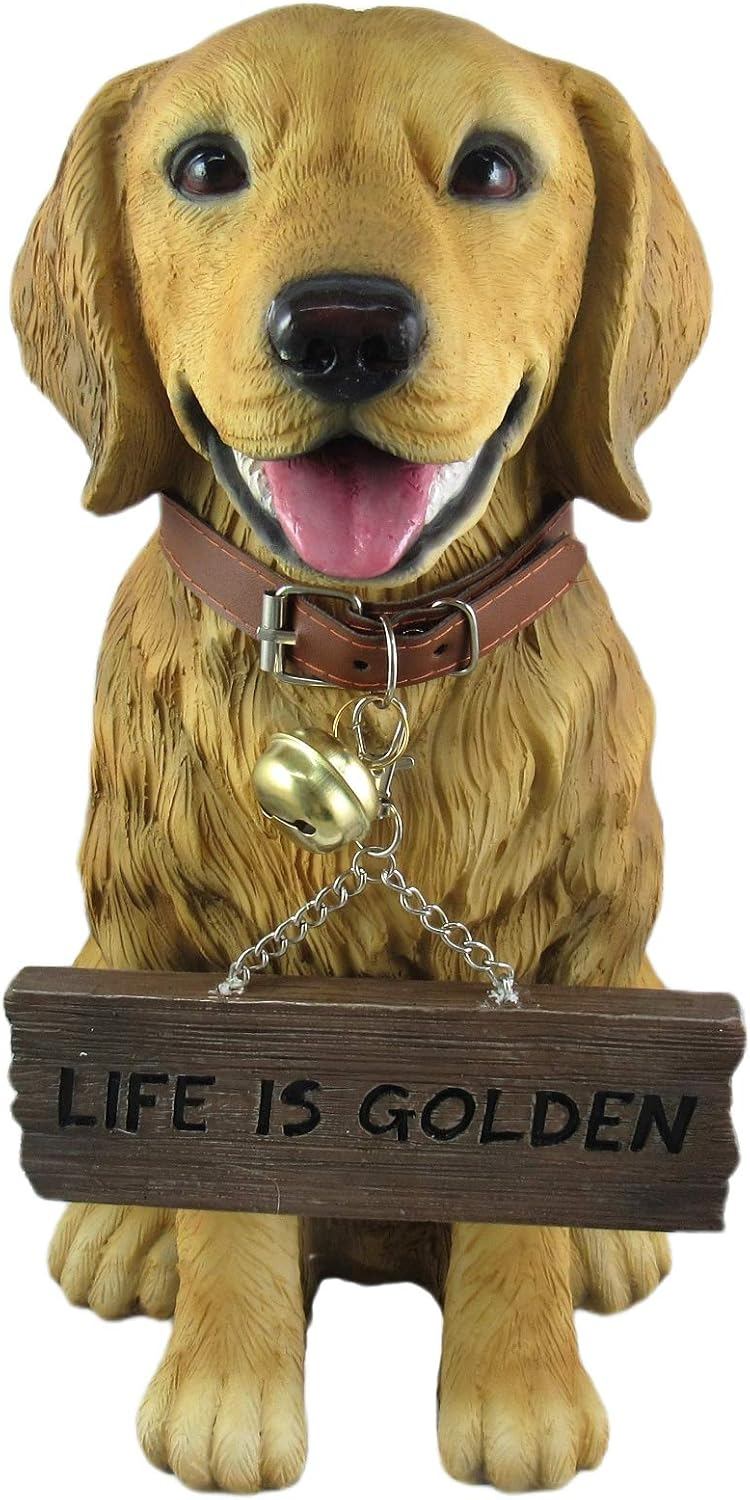 DWK Corporation 12.75 inch Tall Golden Retriever Dog Statue with Reversible Sign