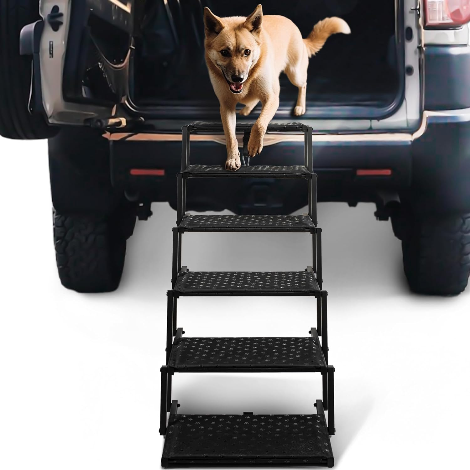 Dog Stairs for Car - Foldable Dog Ramps for Large Dogs with Non Slip Surface, Portable Dog Steps for Cars and SUV, Truck, Support Up to 200 Lbs, 6 Steps
