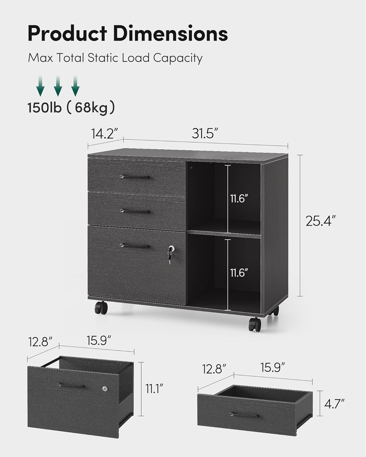 3-Drawer Mobile File Cabinet, Lateral Filing Cabinet with Lock, Printer Stand with Open Storage Shelves for Home Office, Filing Cabinets for Home Office, Black