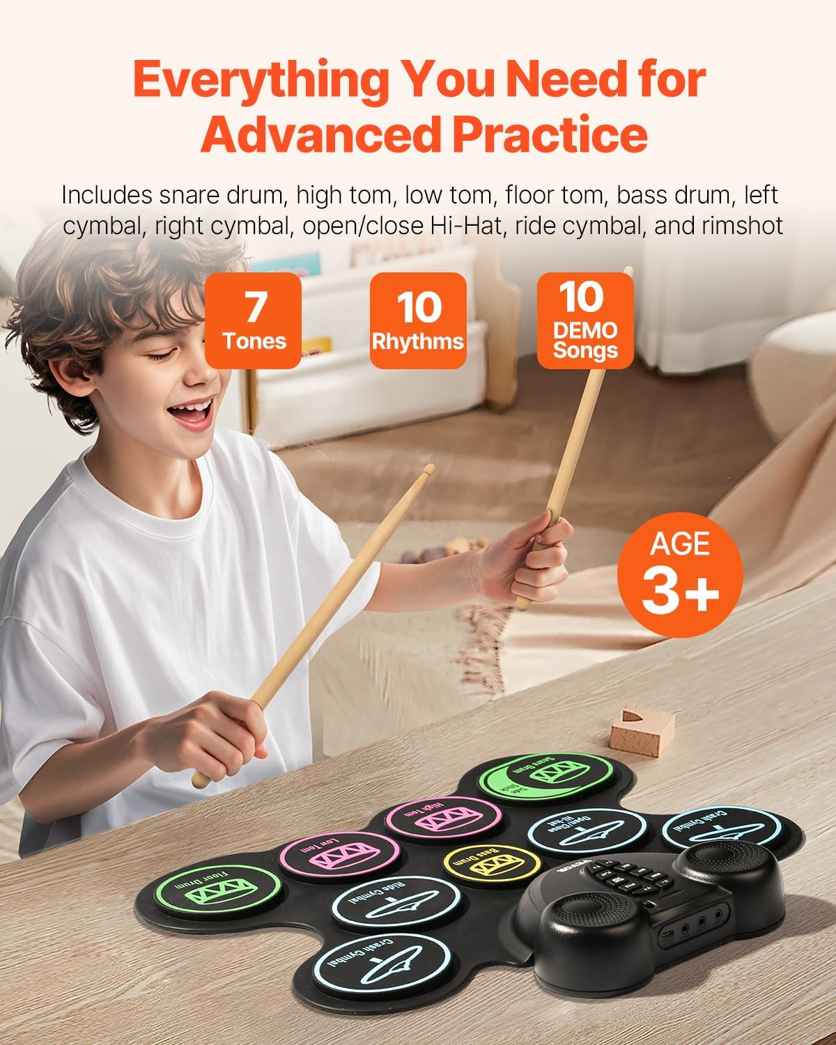 KFFKFF Electronic Drum Kit, Comprising 9 Pads, Compact Roll-up Practice Pad, Digital Drum Set with Headphone Outlet, Twin Pedals, Drum Rods, Integrated Dual Sound Systems, MIDI