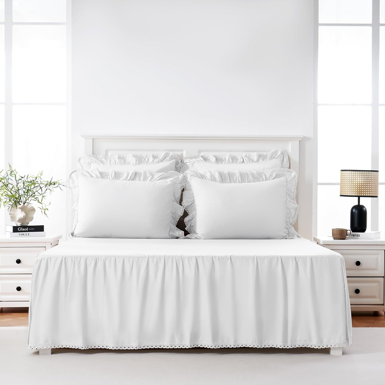 100% Lightweight Cotton Bed Skirt, Full Size 18" Drop, Crochet Edge, White Dust Ruffle, 3 Sides with Split Corners, French Romantic Style