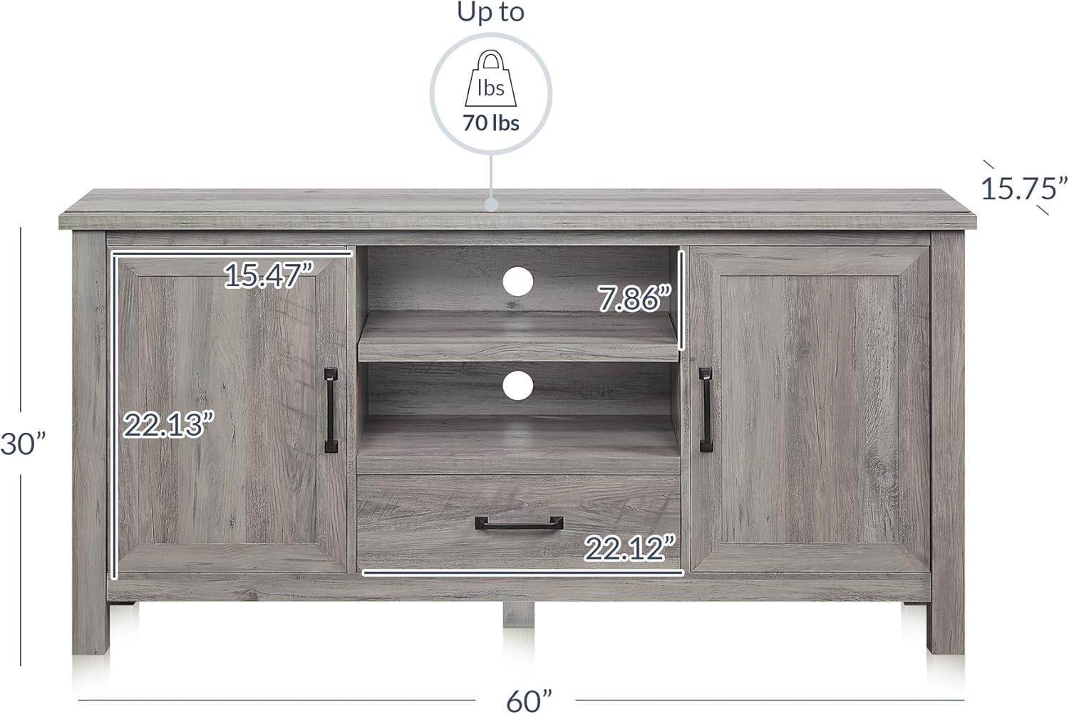 BELLEZE Modern 60 Inch Farmhouse TV Stand or Entertainment Center for TVs Up to 65 Inches, Sideboard Kitchen Buffet Storage Cabinet with Shelves and Storage - Virat (Gray Wash)