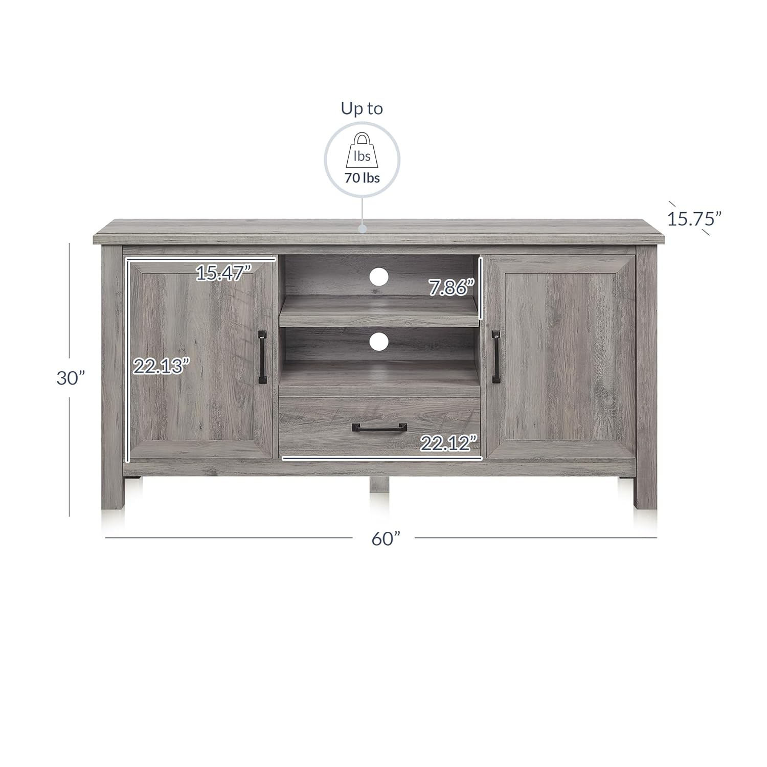 BELLEZE Modern 60 Inch Farmhouse TV Stand or Entertainment Center for TVs Up to 65 Inches, Sideboard Kitchen Buffet Storage Cabinet with Shelves and Storage - Virat (Gray Wash)