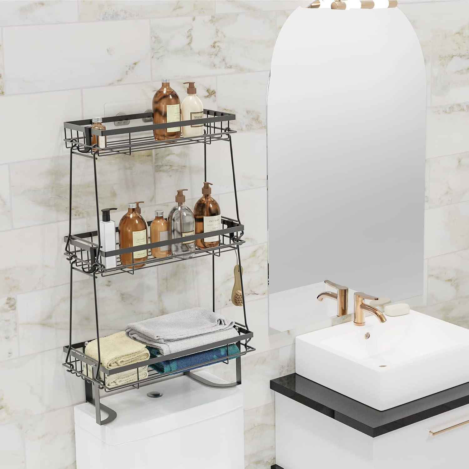 NiHome Waterproof Iron 3-Shelf Bathroom Organizer with Hooks, Black