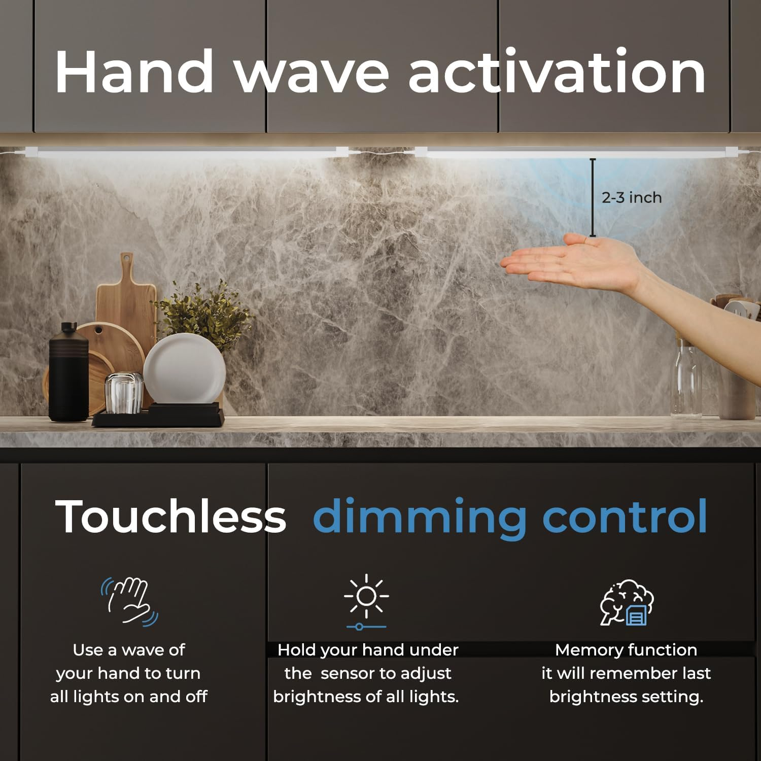 EShine 3 Extra Long 20 inch Panels LED Dimmable Under Cabinet Lighting Kit, Hand Wave Activated - Touchless Dimming Control, Cool White (6000K)