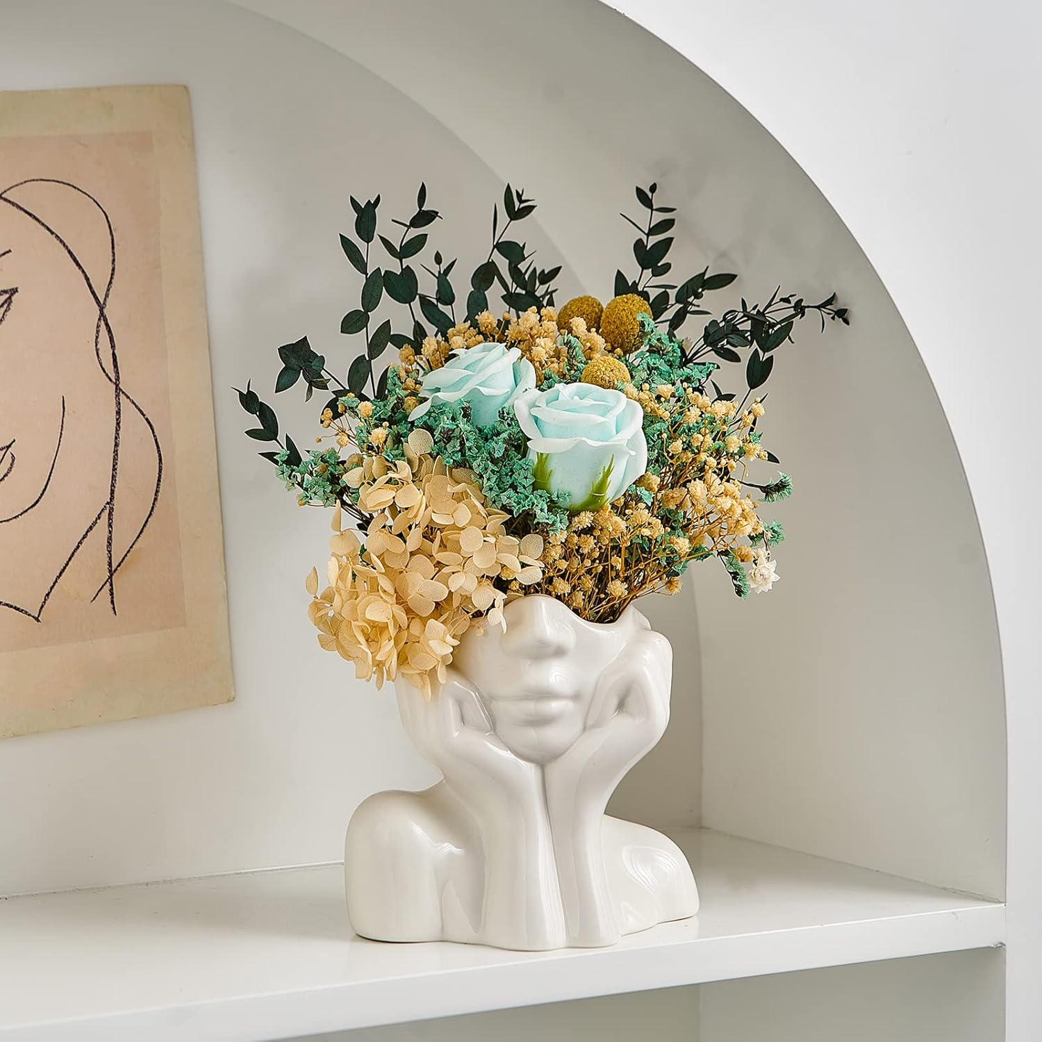 FJS Ceramic Face Vase, White Flower Vase for Decor, 5.3" W x 4.7" H Modern Decorative Vase Centerpiece for Table Shelf Living Room Office Bedroom