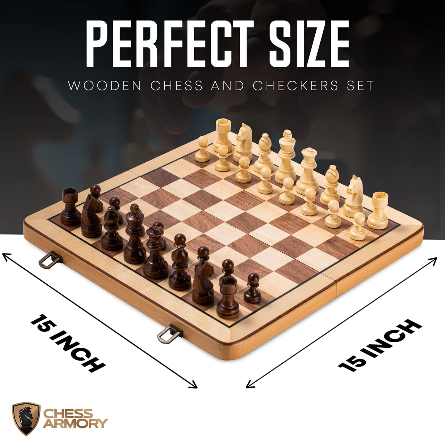 Chess Armory Premium Checkers and Chess Set - Wooden Board Game with a Portable Wood Case and Secure Storage for Pieces, Set for Kids and Adults (Beech Wood)