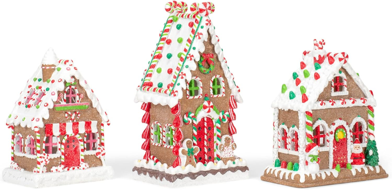 Mark Feldstein & Associates Gingerbread Village Red 8 inch Porcelain Holiday Tea Light Figurines Set of 3