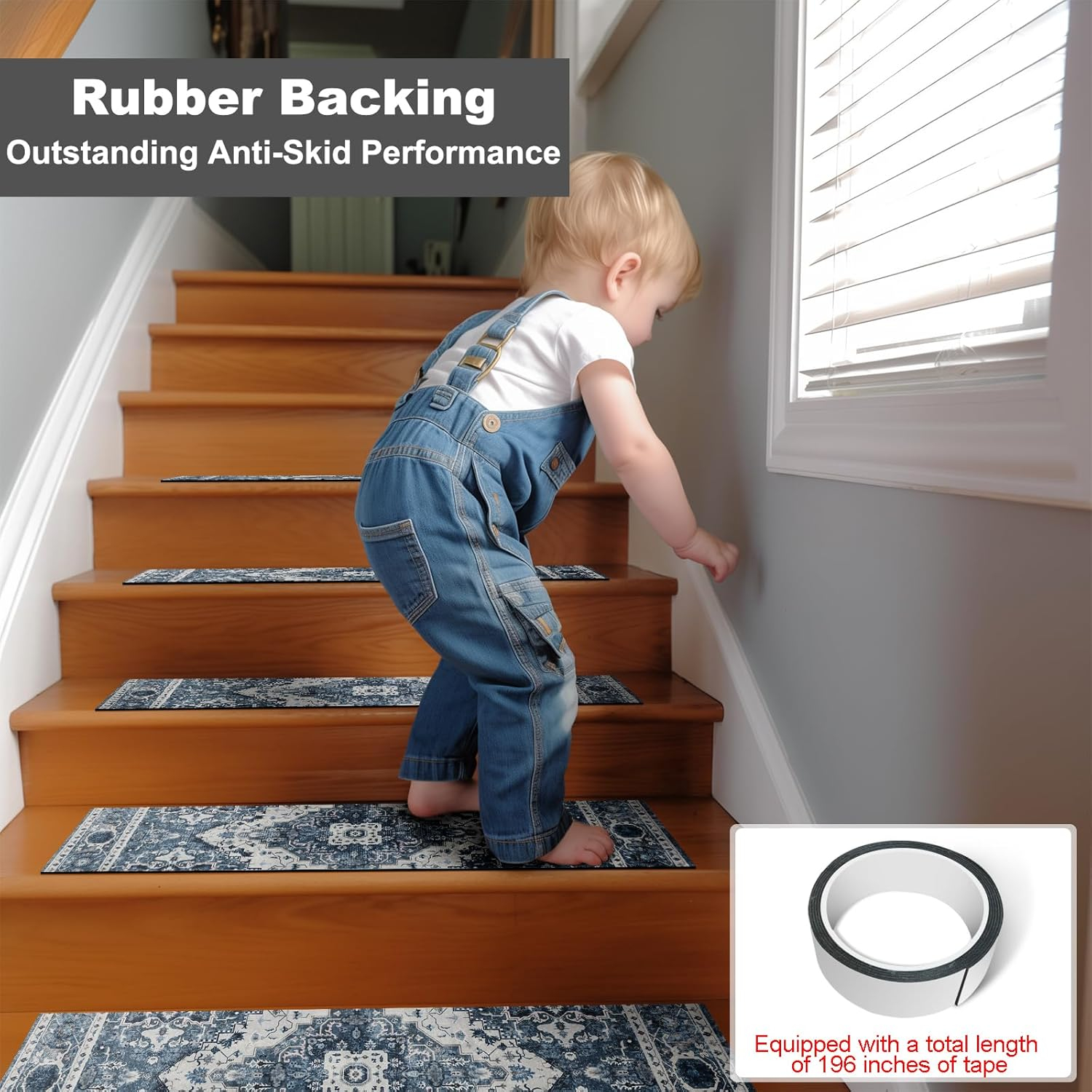 Capslpad Stair Treads Non Slip, 15 Pack 30"X8" Super Non Slip Reusable Staircase Step Treads, Soft Rubber Stair Treads for Wooden Steps, Pets, Elders (Navy Blue)