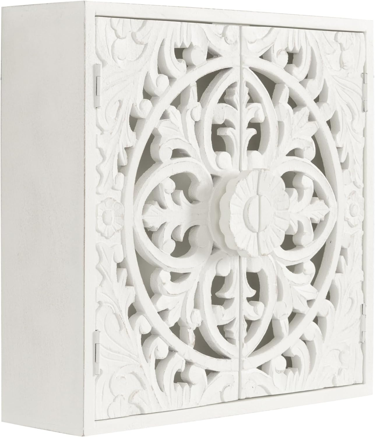 Kate and Laurel Saanvi Traditional Carved Wood Wall Cabinet, 20 x 6 x 20, Light Natural, Dimensional Over the Toilet Storage Cabinet for Bathroom Storage and Display