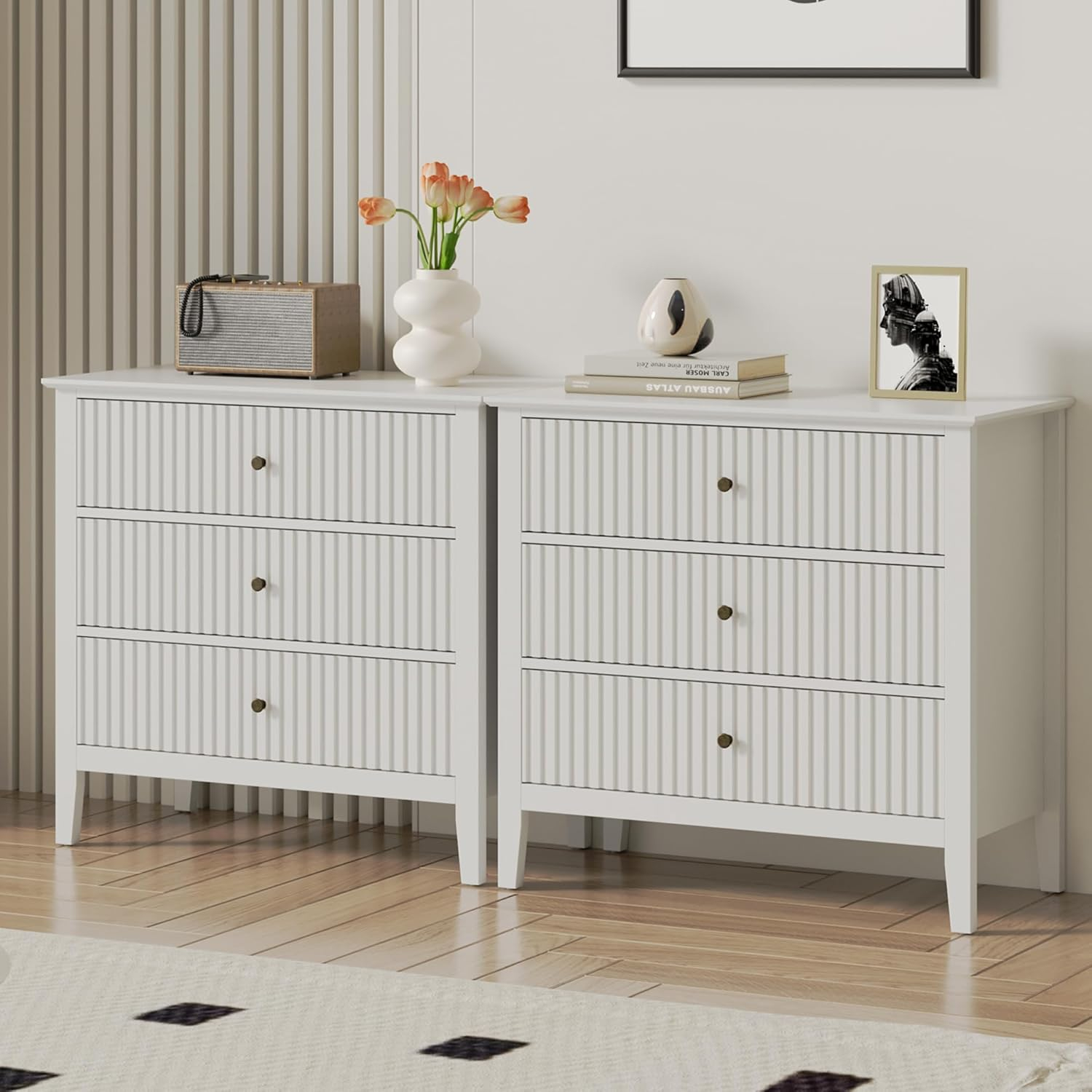 RoyalCraft Large 3 Drawer Dresser Set of 2, Fluted Wood Chest of Drawers with Storage, Modern Painted 30 inch Wide Nightstand for Bedroom Living Room Entryway, White
