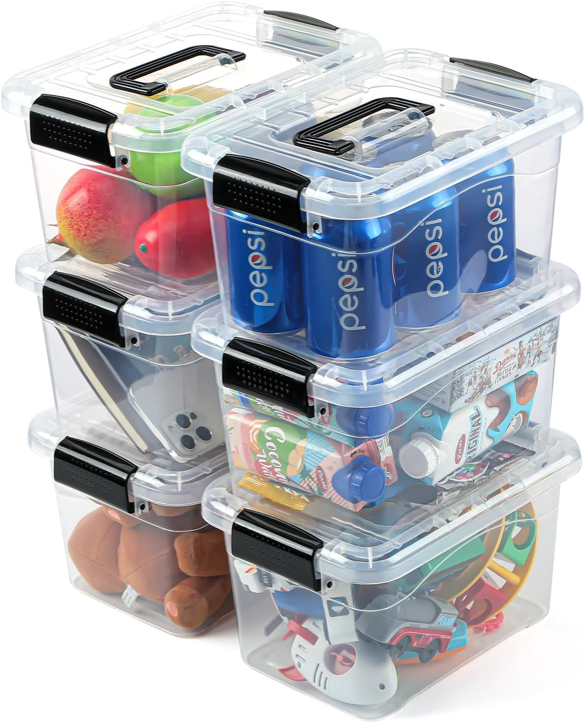 Plastic Storage Bins 7 Quart-Storage Organizer Bins with Black Buckle Lids, Stackable Storage Bins with Lids for Home Office Kids Room Closet School Art Supplies Organization,6 Packs, Clear