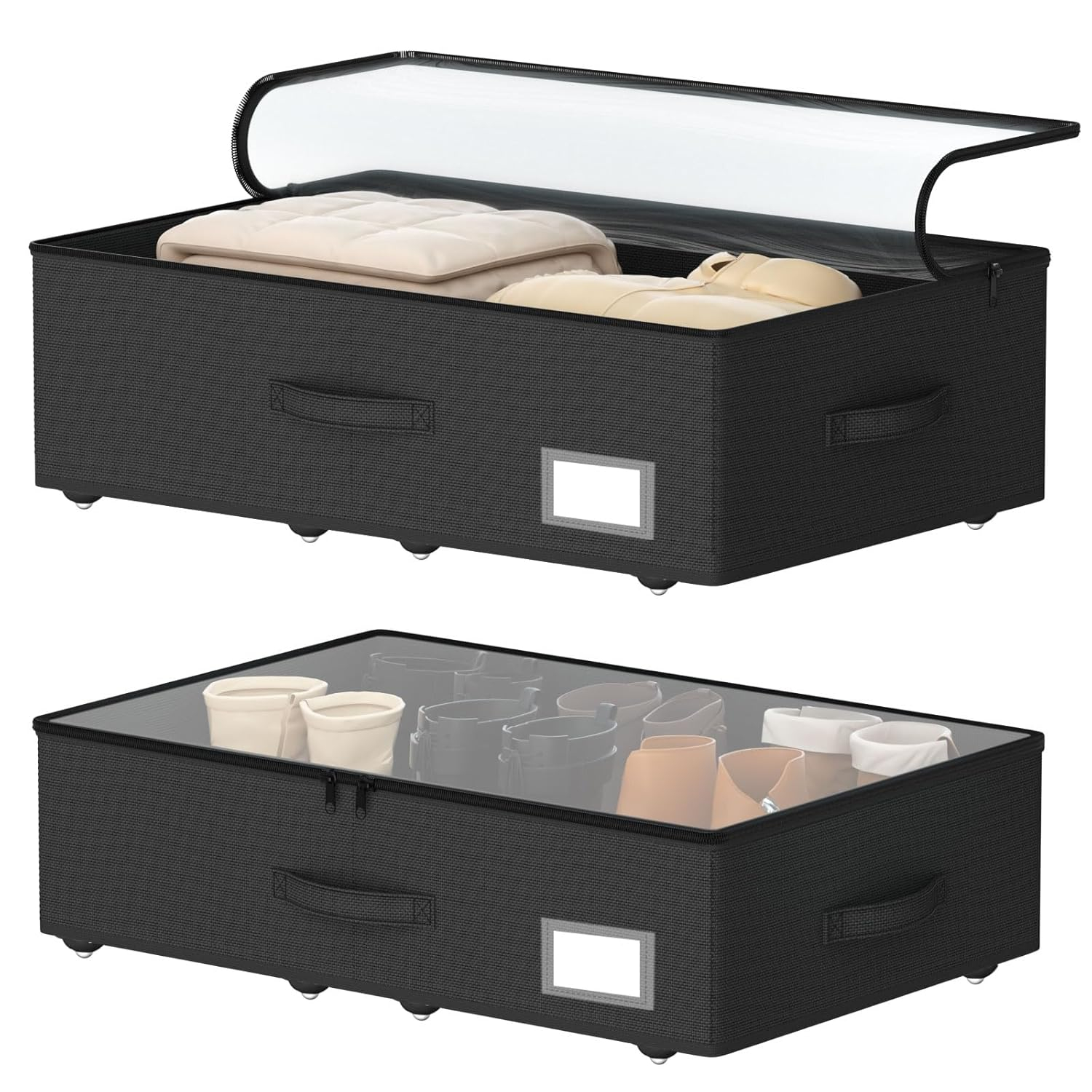 Underbed Storage Bins with Wheels, No Assembly Required - 7.5 inch height Black Large Capacity Rolling Underbed Containers for Shoes, Dorm under bed storage drawers