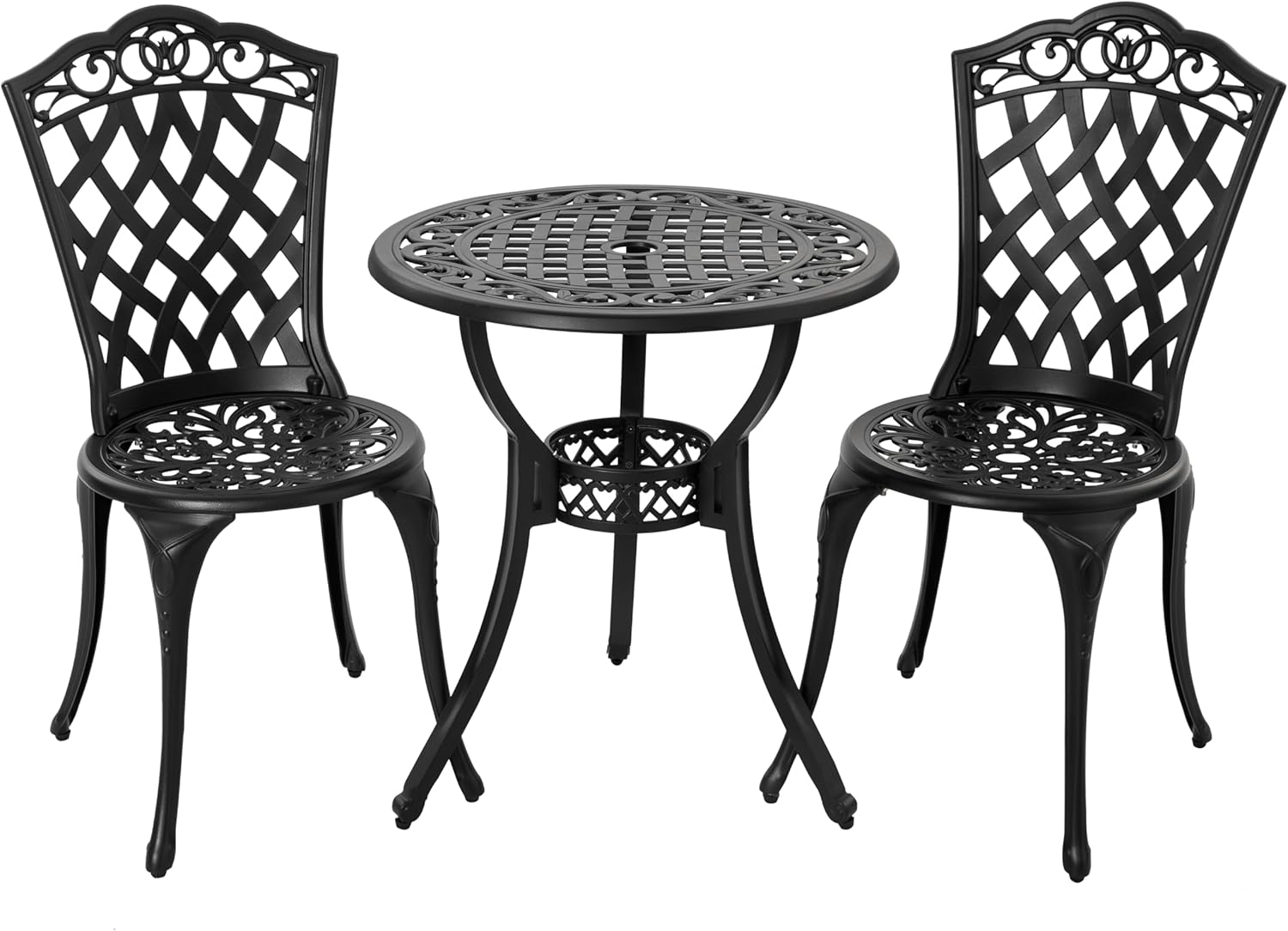 Nuu Garden 3-Piece Patio Bistro Set, Outdoor Cast Aluminum Bistro Table and Chairs Set of 2, Outdoor Patio Dining Set with Umbrella Hole for Patio Balcony, Black