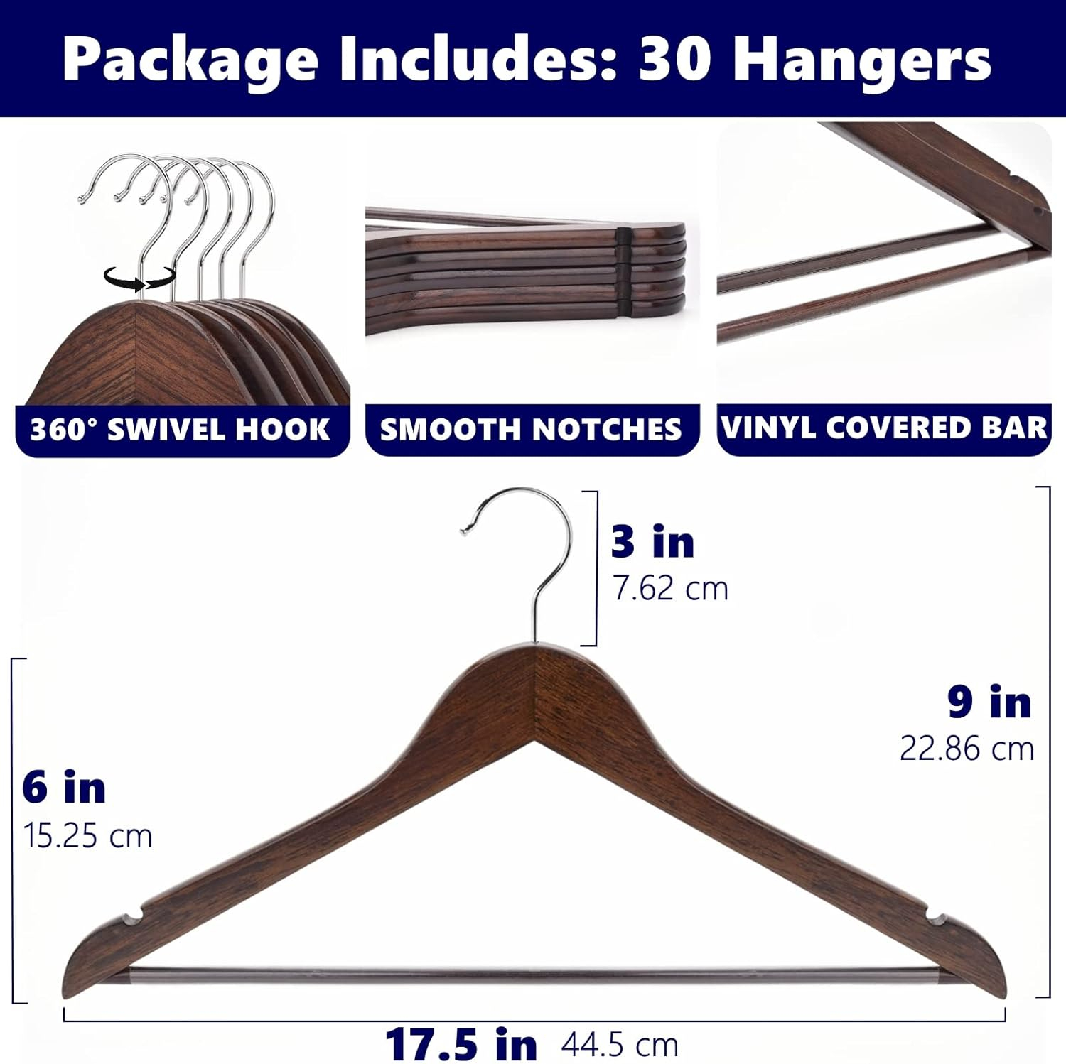 Walnut Wood Anti-Slip Suit Hangers with Chrome Hooks, 17.5"