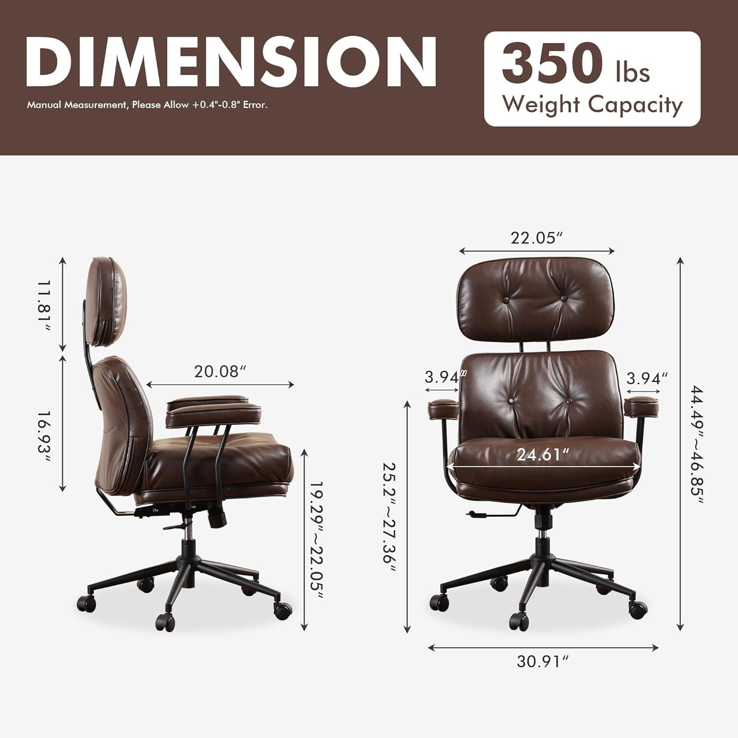 Kro PU Fabric Swivel Ergonomic Office Task Chair in Dark Brown with Recliner High Back Lumbar Support Adjustable Arms