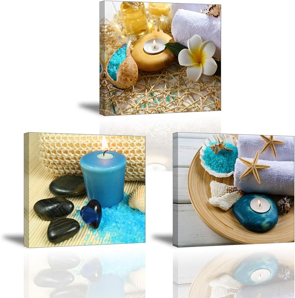 SPA Wall Art Decor for Bedroom, SZ Still Life Canvas Prints of Blue Sands, Candles & Stones, Massage Treatment Pictures (Waterproof Artwork, 1" Thick, Bracket Mounted Ready to Hang)