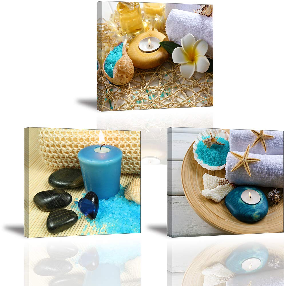 SPA Wall Art Decor for Bedroom, SZ Still Life Canvas Prints of Blue Sands, Candles & Stones, Massage Treatment Pictures (Waterproof Artwork, 1" Thick, Bracket Mounted Ready to Hang)