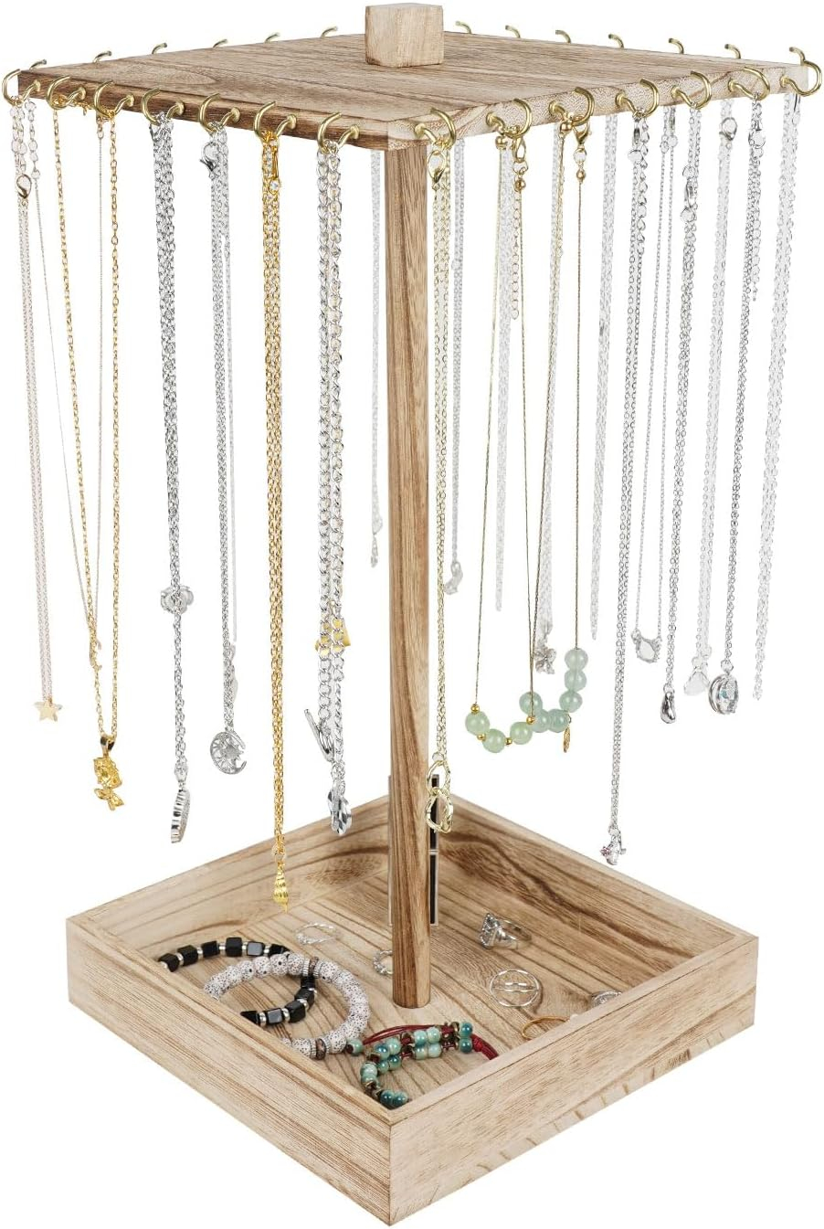 UCUDI Wooden Rotating Necklace Holder Jewelry Organizer Display Stand for Selling, Jewelry Display Tower for Necklace & Bracelet for Shows wit with 28 Hooks