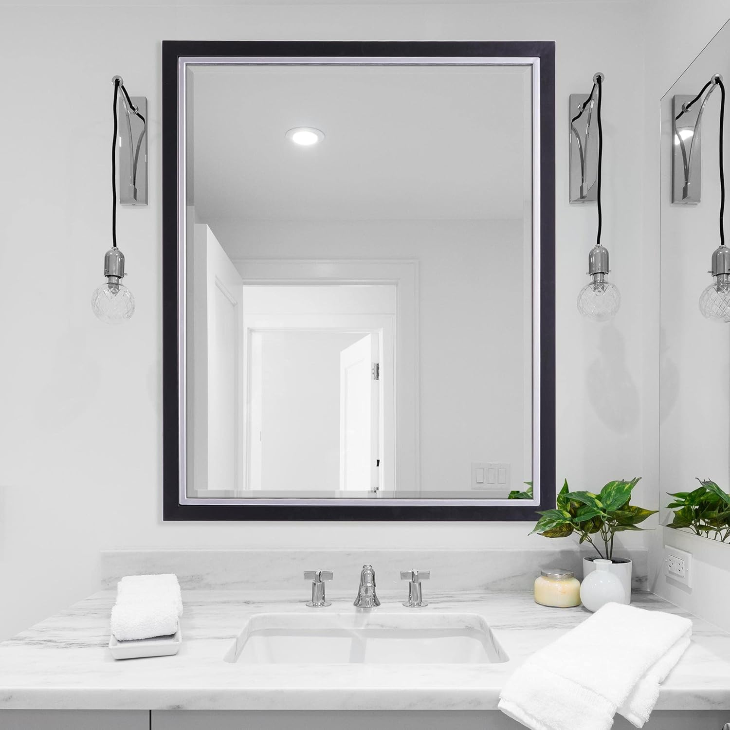 Head West Beveled Edge Rectangle Wall Mirror with Brushed Chrome and Black Metal Frame for Home Interior Accent 24" x 30"