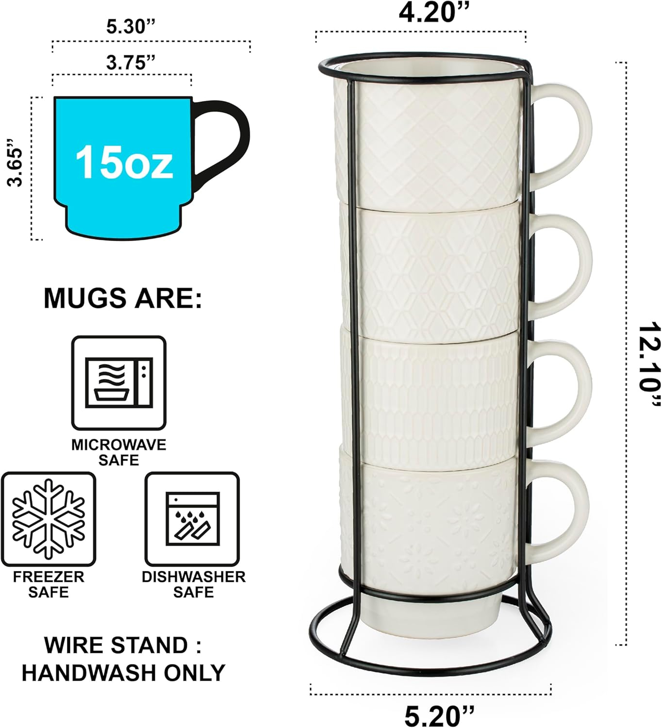 Signature Housewares Stackable Coffee Mug Tower Set with Metal Wire Rack - 15 Ounce Coffee Mugs for Coffee, Tea, Cocoa, Milk, Cappuccino, Hot Chocolate Set of 4 - White Glazed Ceramic