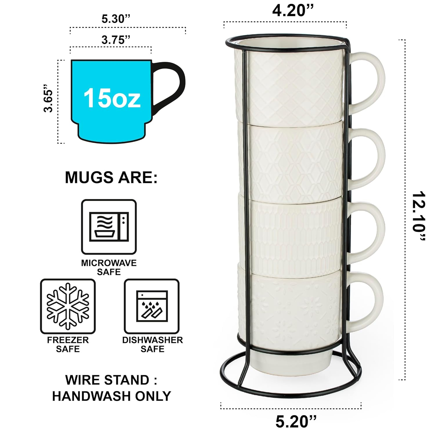Signature Housewares Stackable Coffee Mug Tower Set with Metal Wire Rack - 15 Ounce Coffee Mugs for Coffee, Tea, Cocoa, Milk, Cappuccino, Hot Chocolate Set of 4 - White Glazed Ceramic
