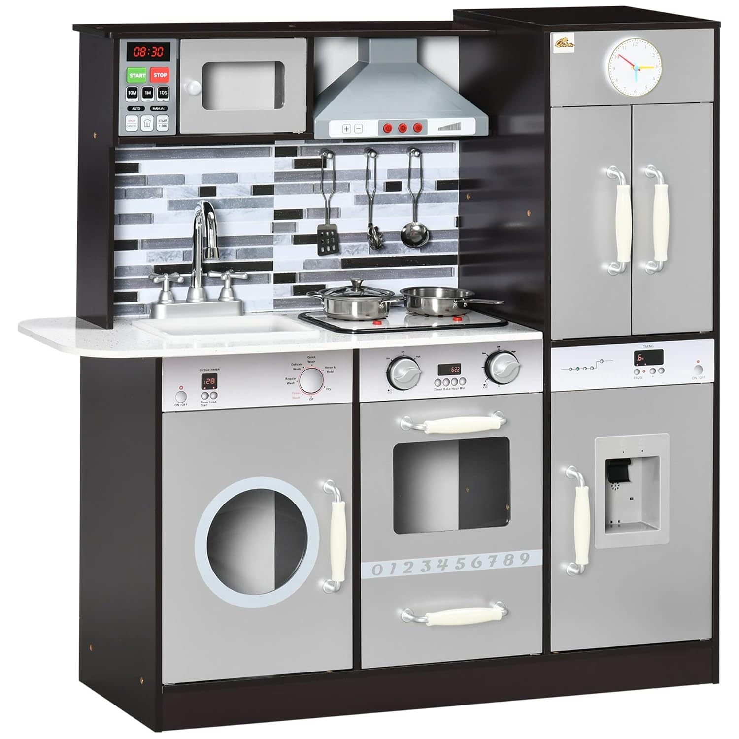 Qaba Wooden Play Kitchen with Lights Sounds, Kids Kitchen Playset with Washing Machine, Water Dispenser, Microwave, Range Hood, Refrigerator, Utensils, Gift for 3-6 Years Old