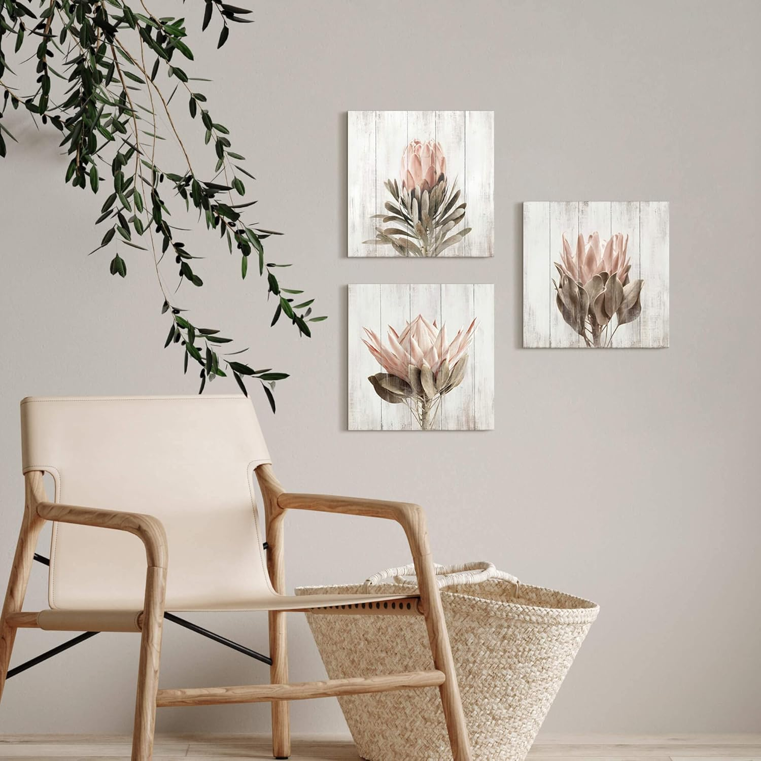 Rustic Pink Floral Abstract Canvas Art Print Set