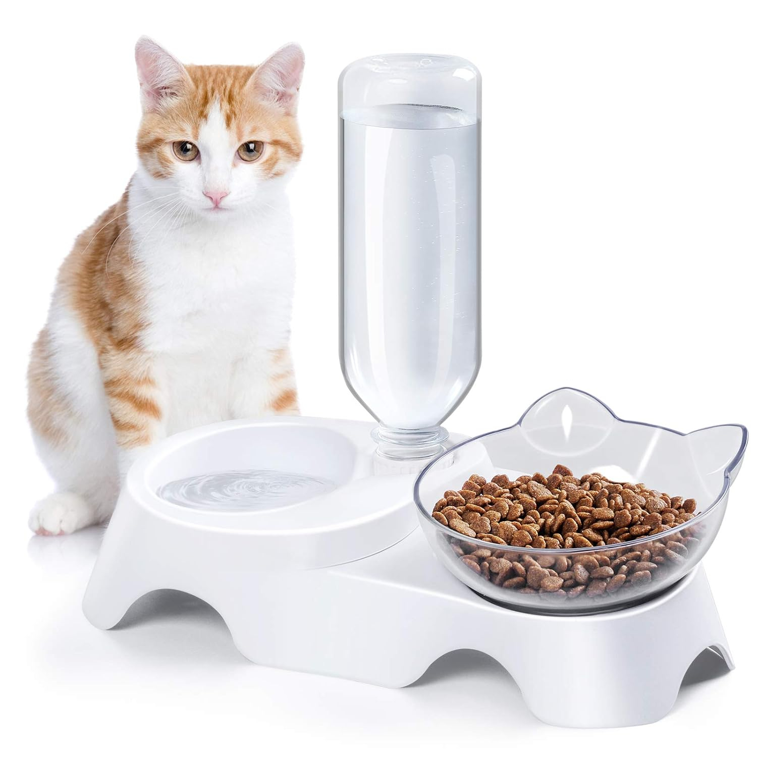 MILIFUN Double Dog Cat YYF14 Bowls - Pets Water and Food Bowl Set, 15°Tilted Water and Food Bowl Set with Automatic Waterer Bottle for Small or Medium Size Dogs Cats