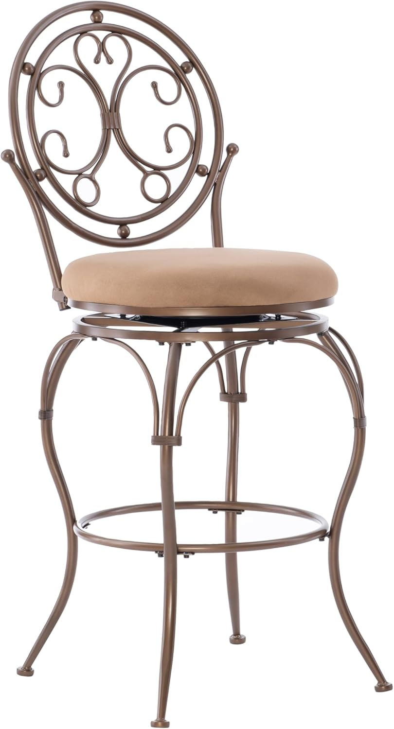 Linon Baila Big & Tall Metal Bar Stool Scroll Back Swivel Padded Seat in Bronze