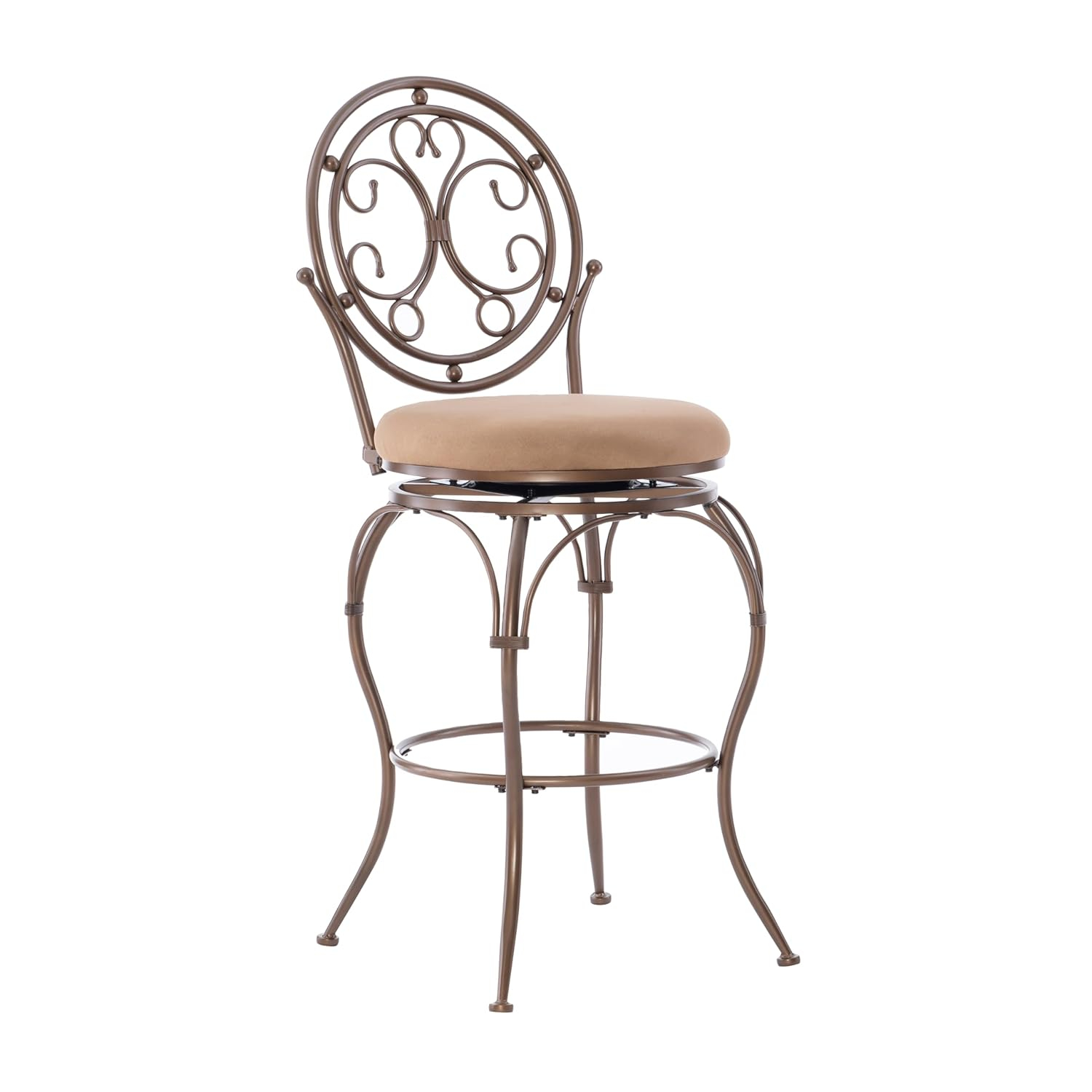 Linon Baila Big & Tall Metal Bar Stool Scroll Back Swivel Padded Seat in Bronze