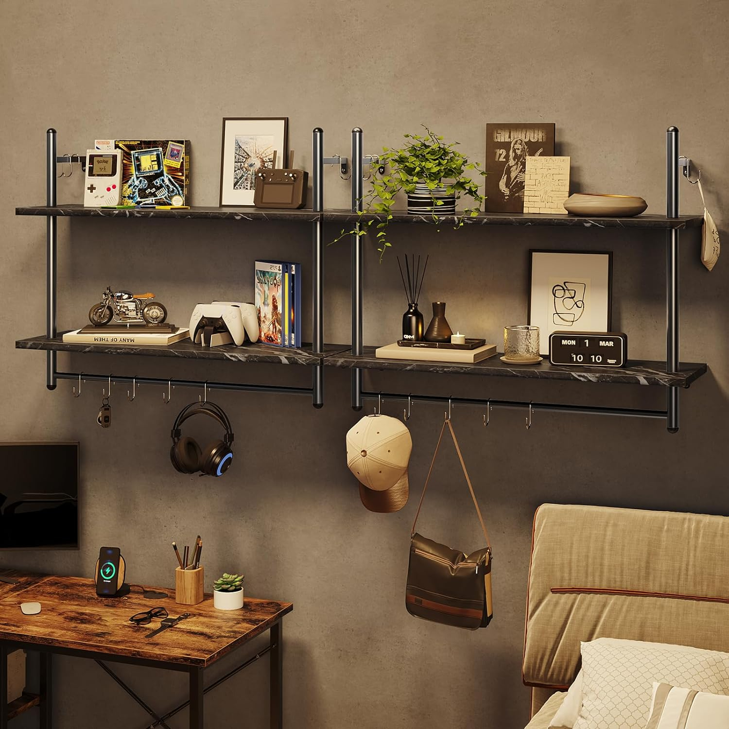 Bestier Industrial Pipe Shelf Bathroom Shelves with Towel Bar, 31 inch Floating Shelves 2 Tier for Wall Storage, Kitchen Wood Wall Mounted Shelf Display Rack for Living Room Bedroom, Black Marble