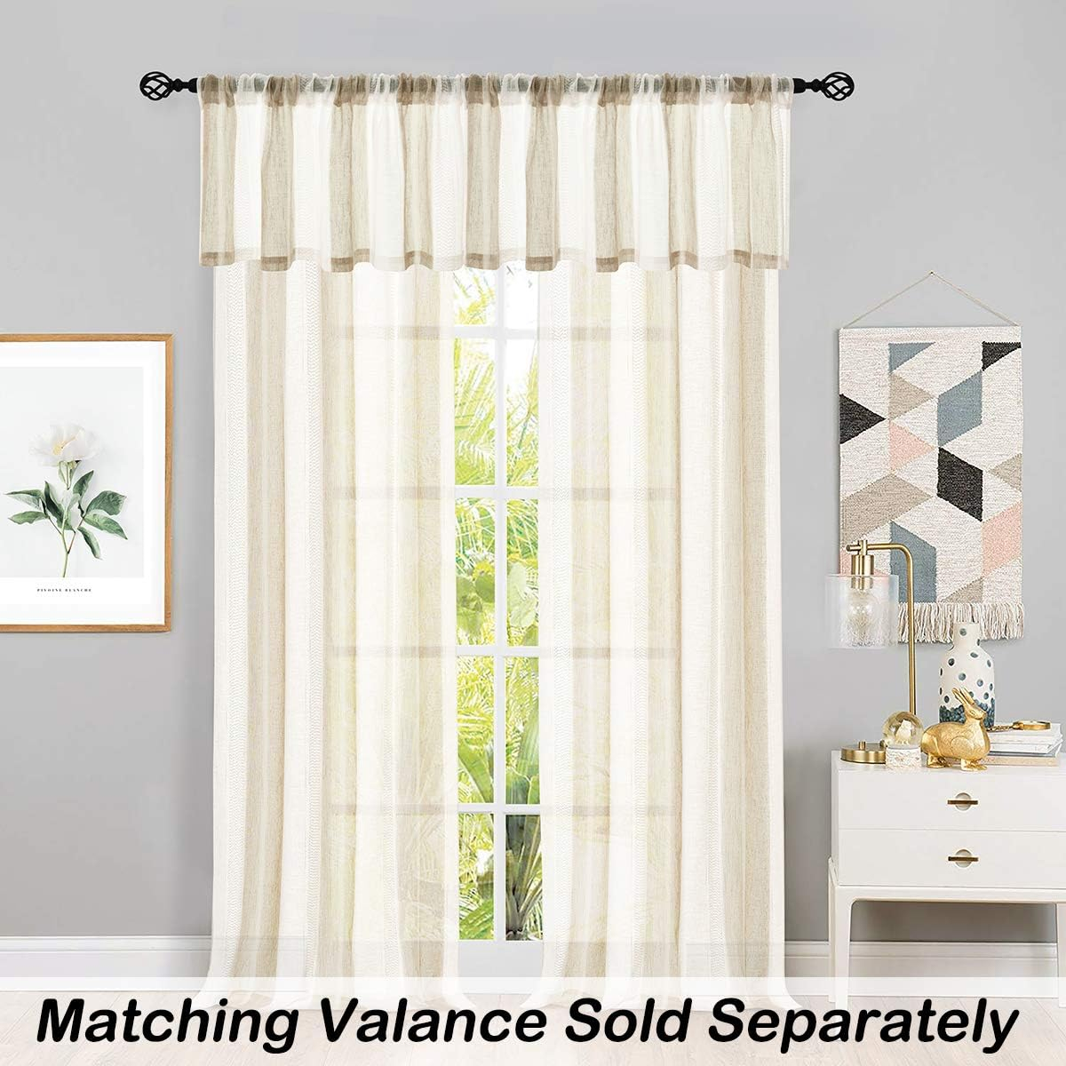 Beige and White Stripe Sheer Farmhouse Curtains Boucle Linen Window Curtain Drape Yarn Dyed Woven 84 Inches Long for Living Room Bedroom Rod Pocket Panels, 40" W x 84" L (Pack of 2)