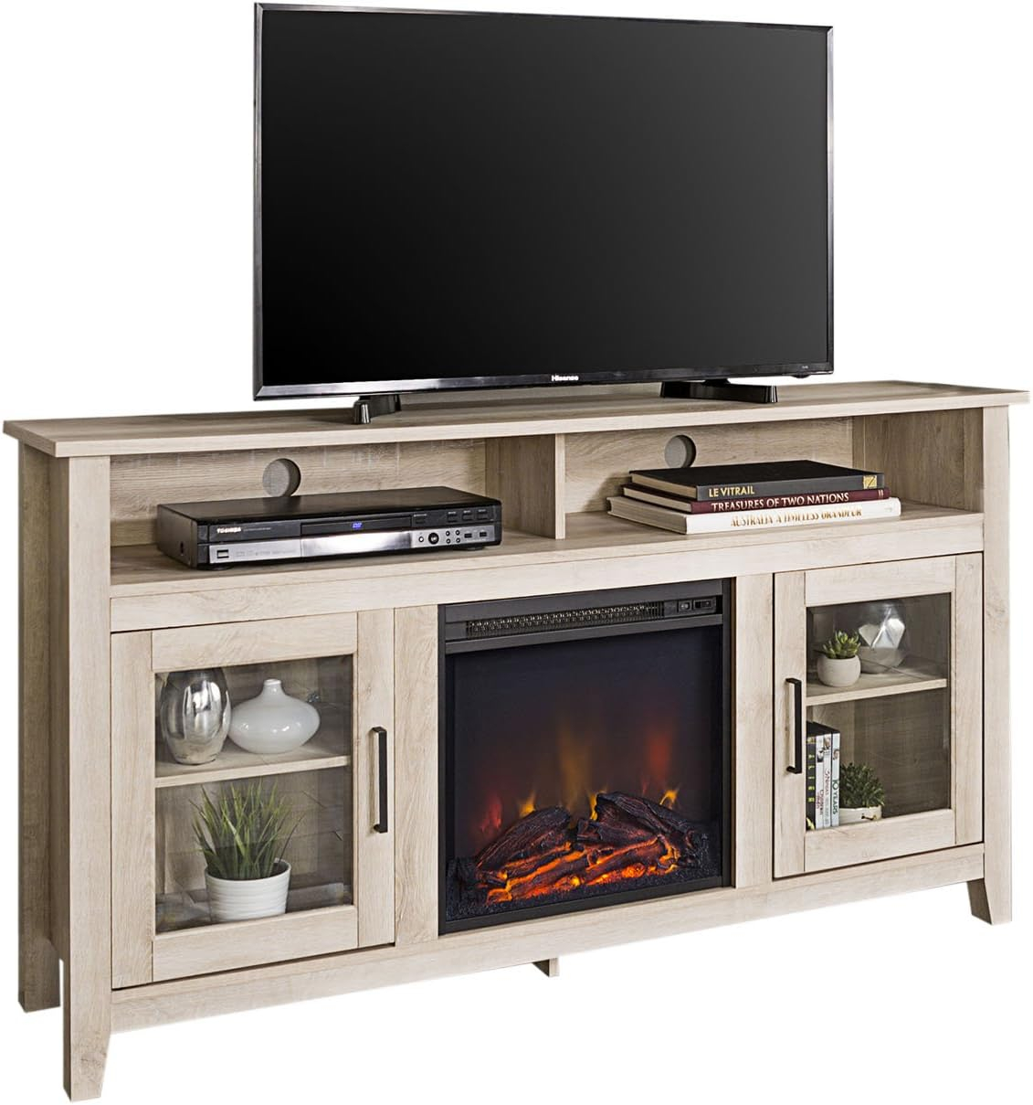 Walker Edison Glenwood Rustic Farmhouse Glass Door Highboy Fireplace TV Stand for TVs up to 65 Inches, 58 Inch, White Oak