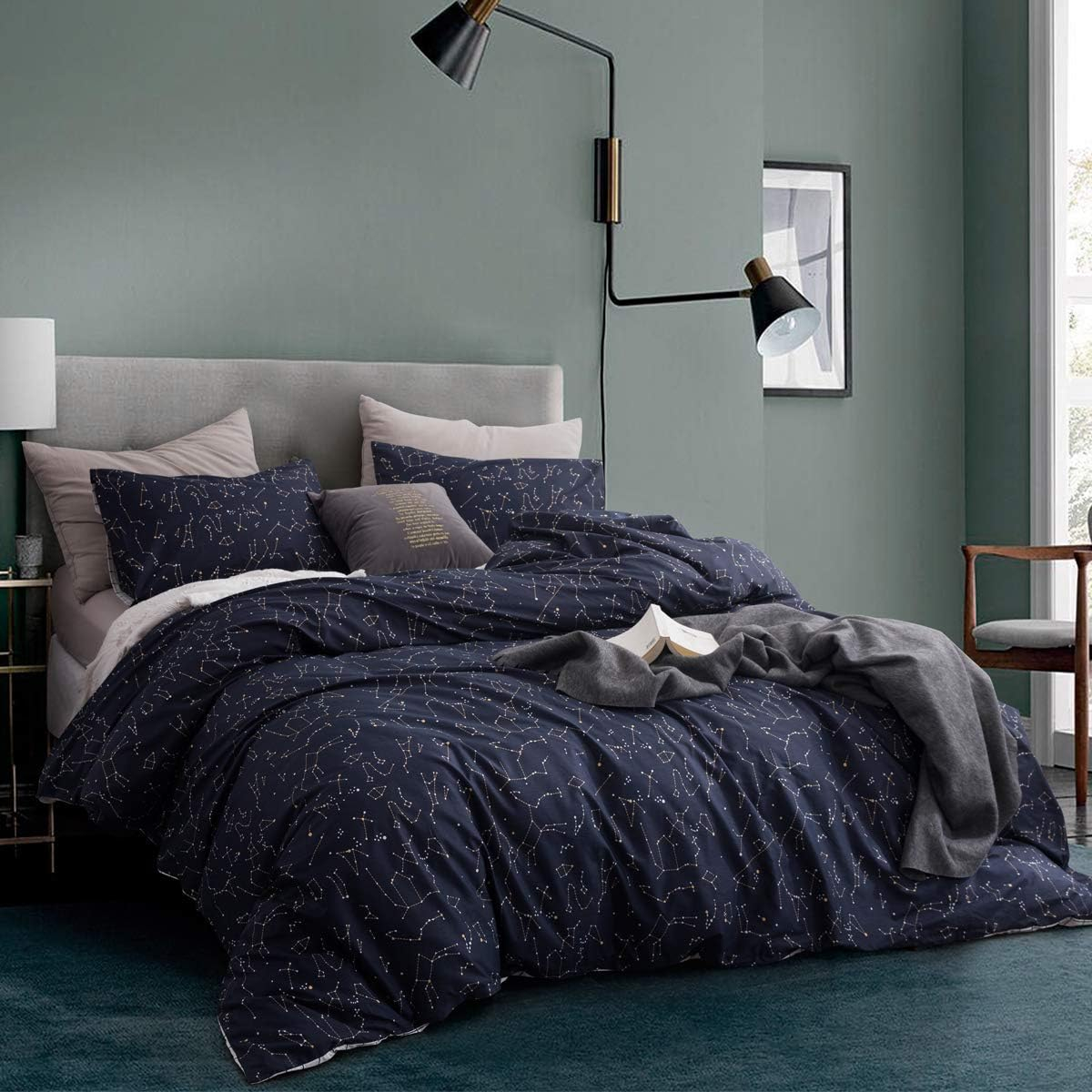 ECOCOTT Duvet Cover King, 3 Pieces 100% Natural Cotton 1 Duvet Cover +2 Pillowcases Bedding Set,Navy and Cosmic Constellation Reversible Printed Pattern Breathable and Durable Duvet Cover King Size
