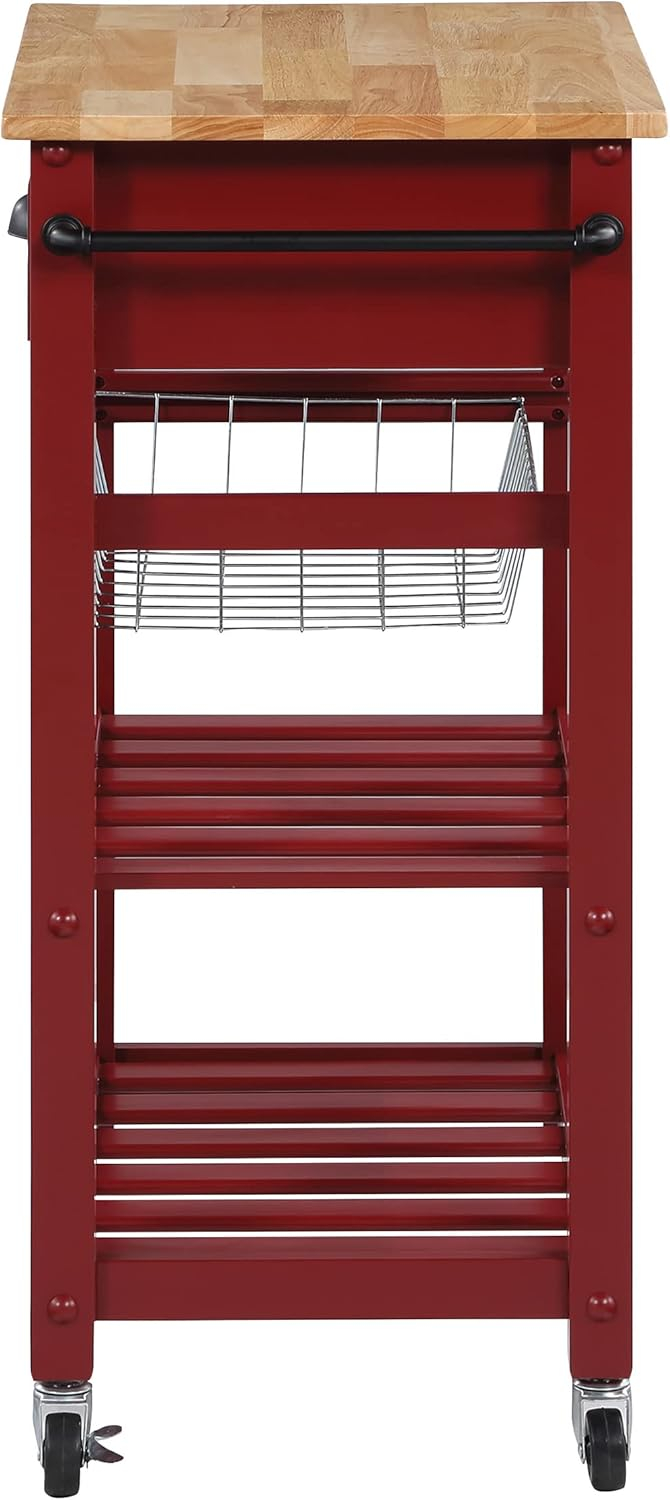 Hampton Engineered Wood Kitchen Cart With Wood Top and Red Base