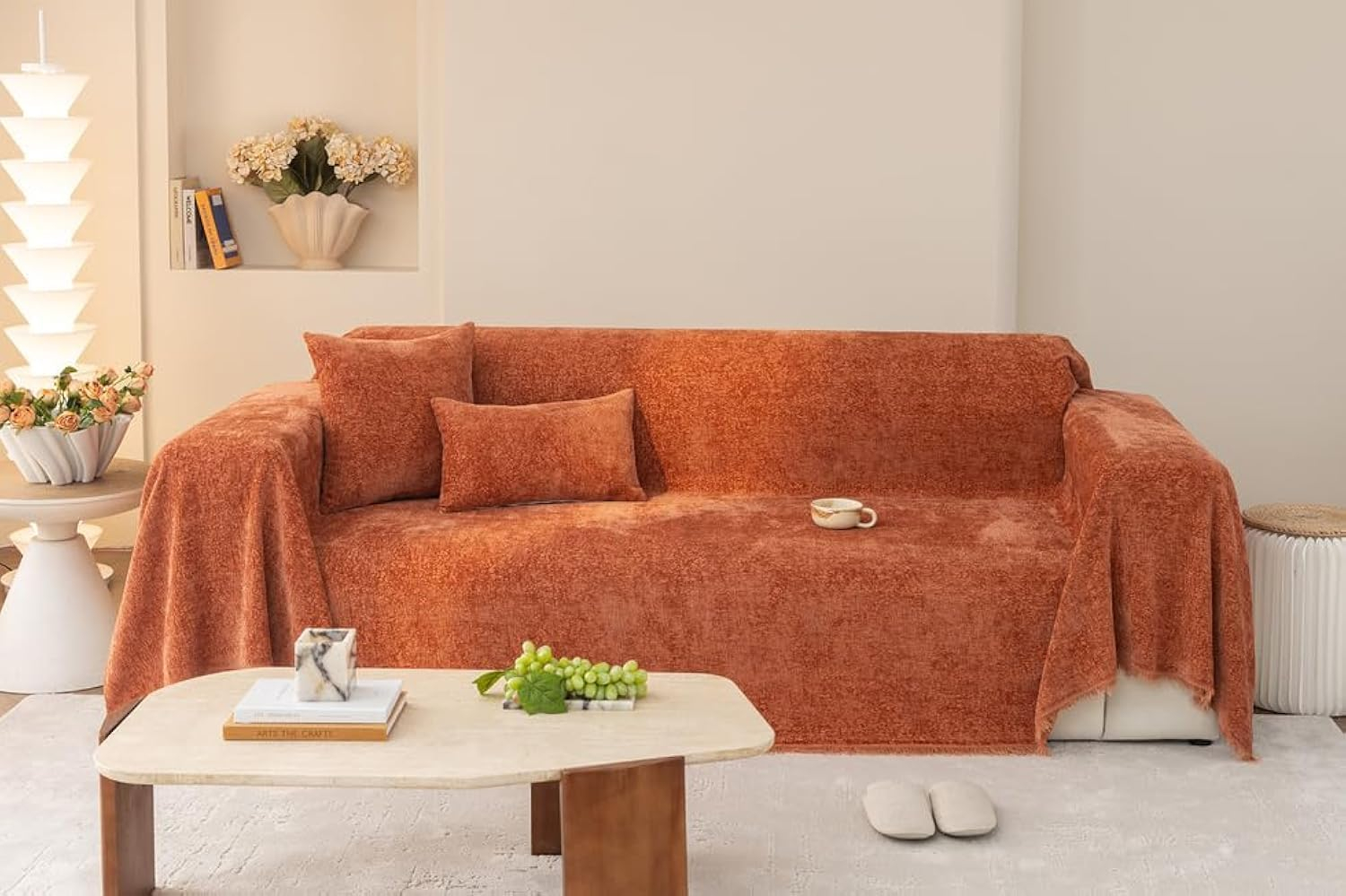 AMWAN Nordic Style Slub Chenille Sofa Cover Burnt Orange Couch Cover Slipcover for 3 Cushion Couch Sectional L Shaped Dogs Pets Sofa Protector 71"x134"