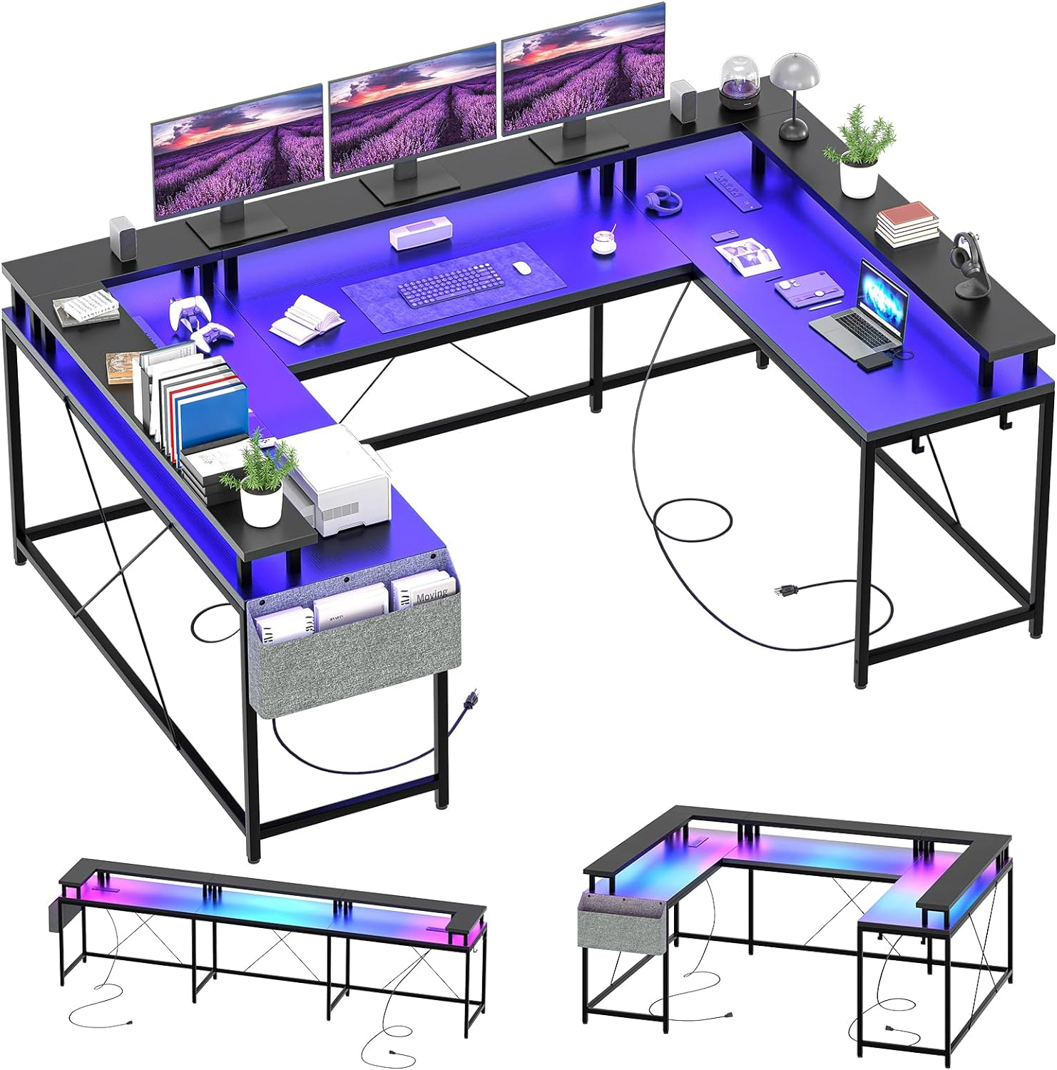 Jojoka LED Lights Monitor Stand & Storage Bag U-Shaped Gaming Desk, Black