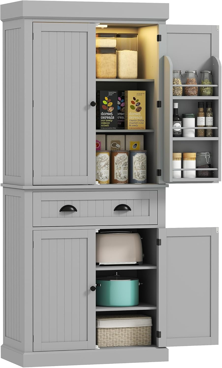 HOMCOM 71" LED Kitchen Pantry Cabinet, Tall Storage Cabinet with 6 Door Shelves, a Drawer and 4 Adjustable Shelves, Gray
