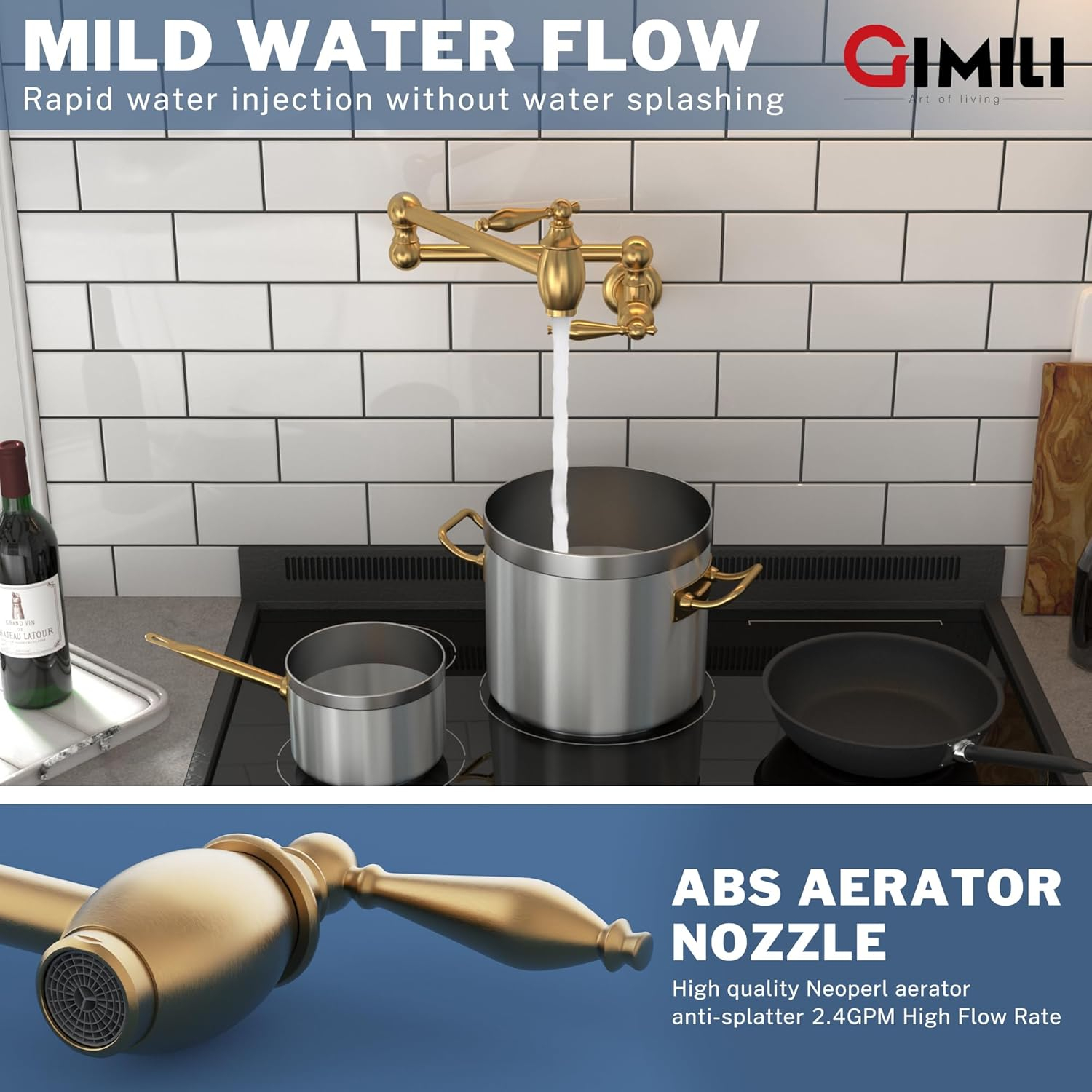 GIMILI Pot Filler Brushed Gold Kitchen Sink Pot Filler Faucet Wall Mount Kitchen Faucets Over Stove Faucet Brass Folding Faucet with Double Joint Swing Arms