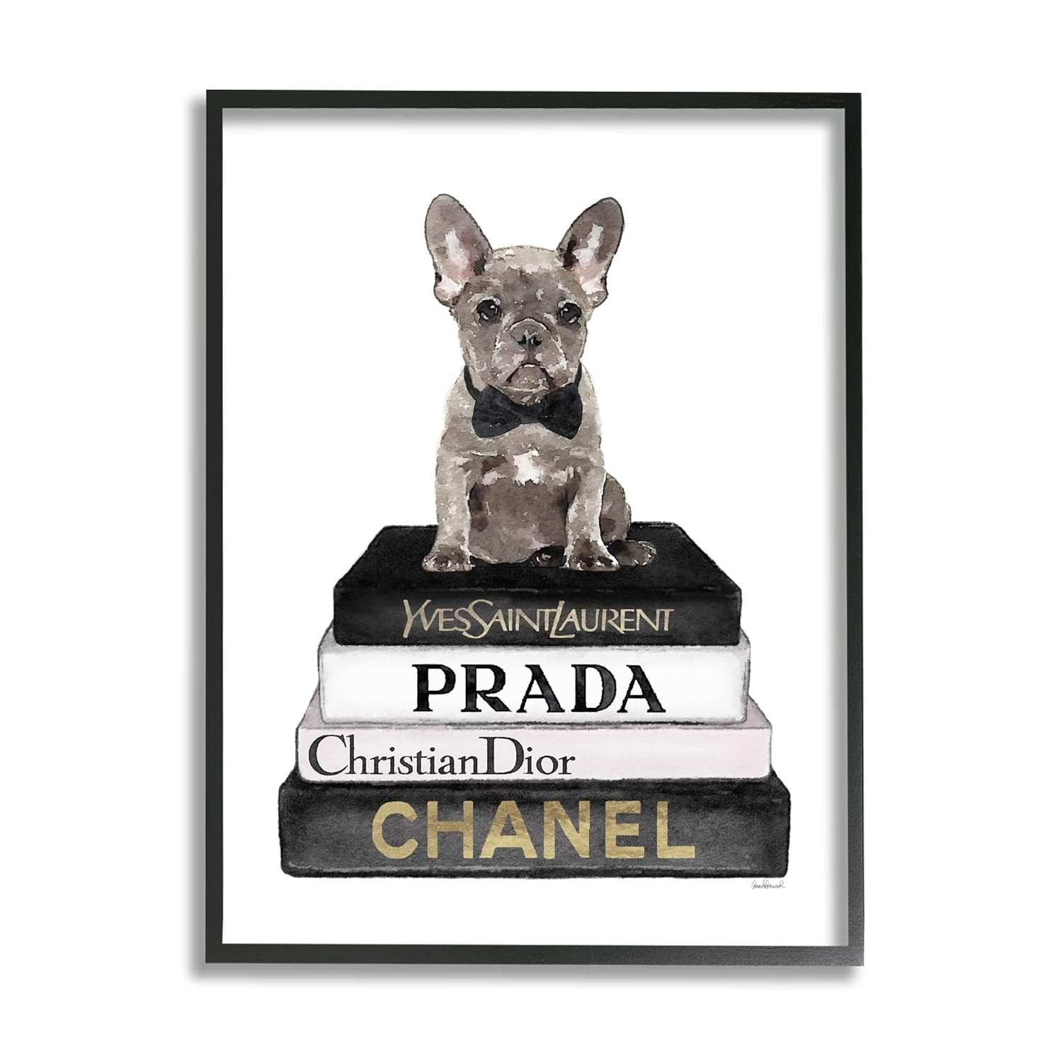 Amanda Greenwood French Bulldog Pet Fashion Apparel Bookstack 11" x 14" Framed Painting Art Prints by Stupell Home Décor