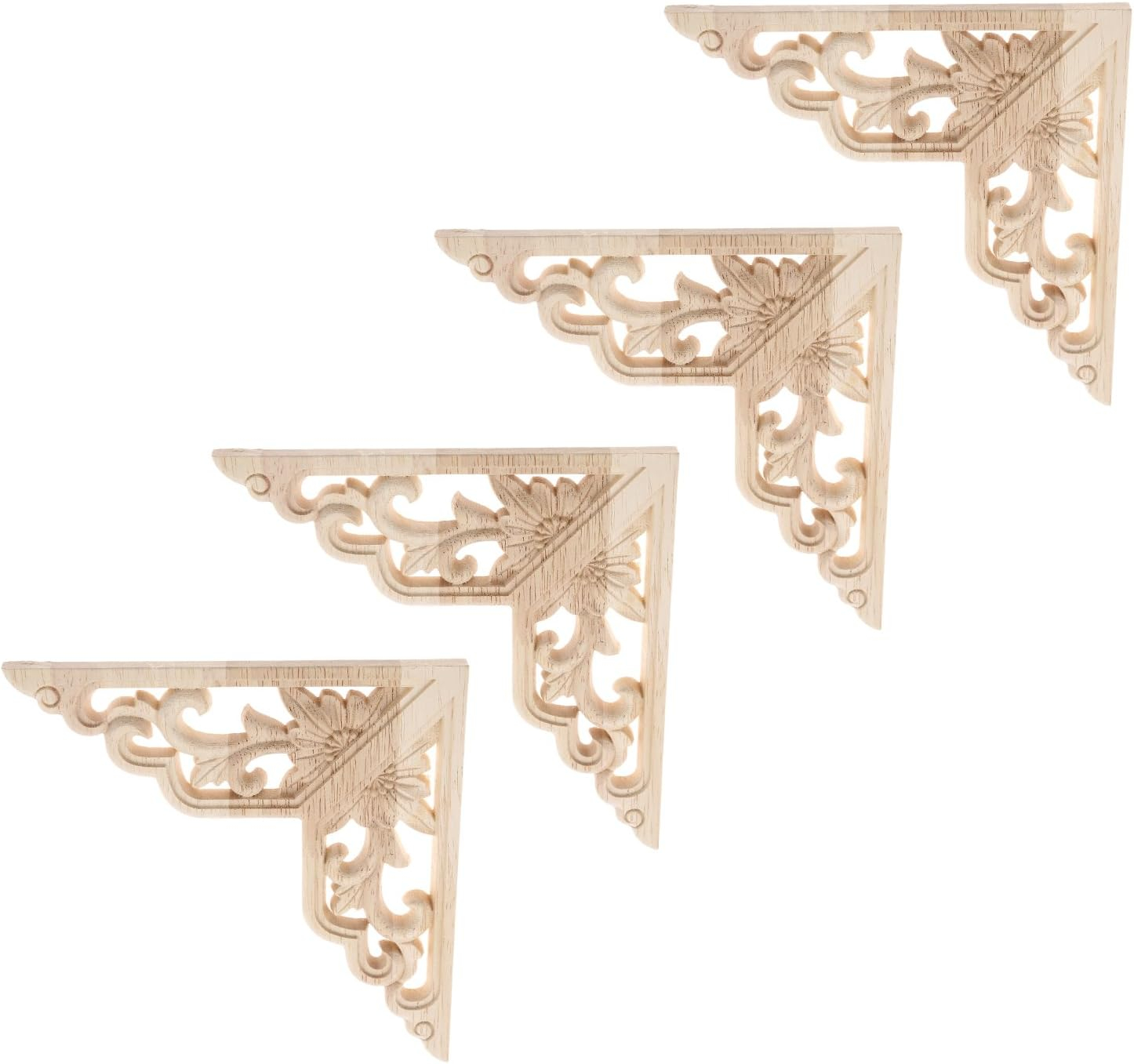 MUXSAM Wooden Decorative Appliques Onlays, 4-Pack Unpainted Wood Caravings Decals Inlays Overlays Corners Decor for Cabinet Dresser Cupboard Mirrors Walls Doors DIY Craft Project, 15x15cm/5.91"x5.91"