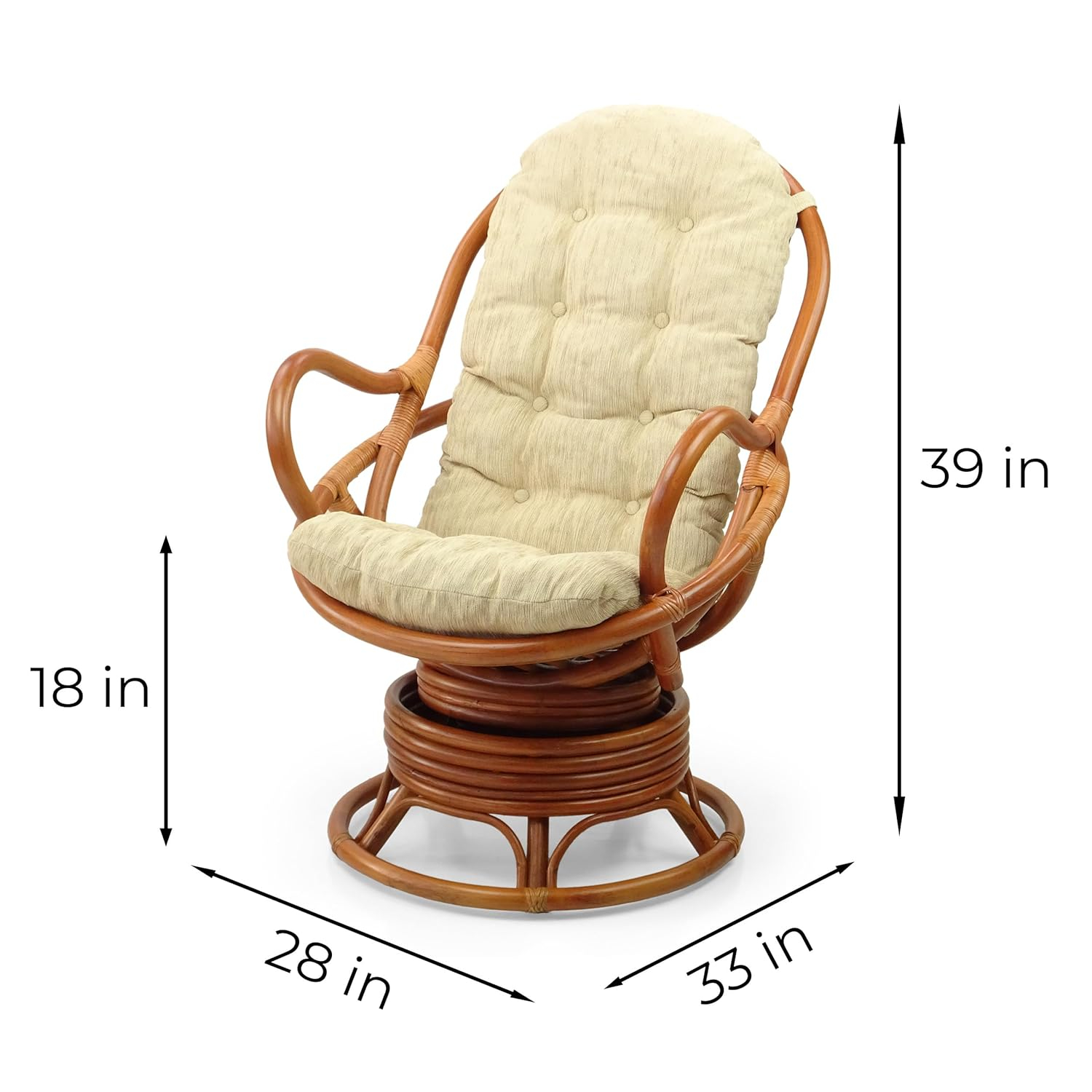 Java Lounge Swivel Rocking Chair with Cream Cushion Natural Rattan Wicker Handmade, Colonial