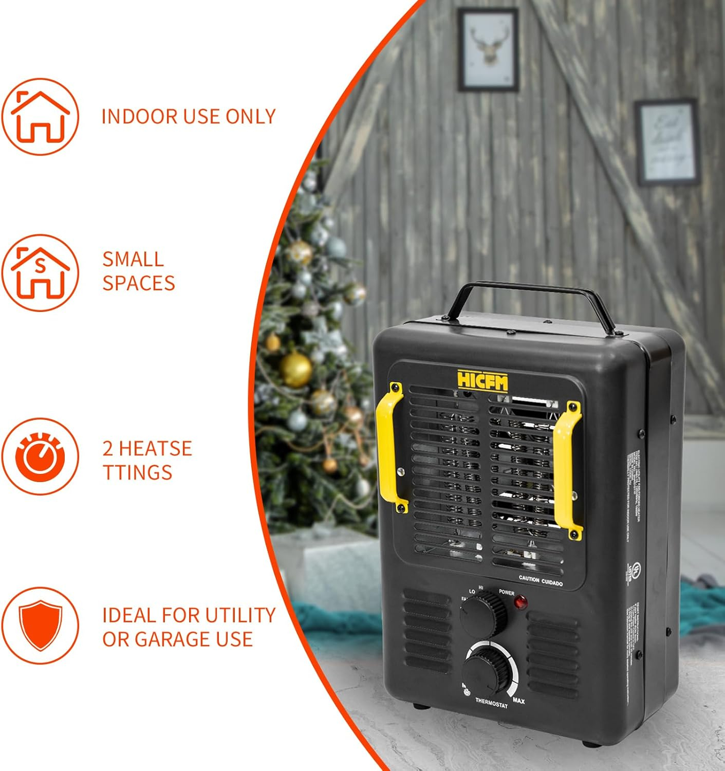 HiCFM Milkhouse Space Heater, 1300W/1500W Electric Heater with Thermostat, Safe and Quiet for Home Office Garage Workshop - UL Safety Listed