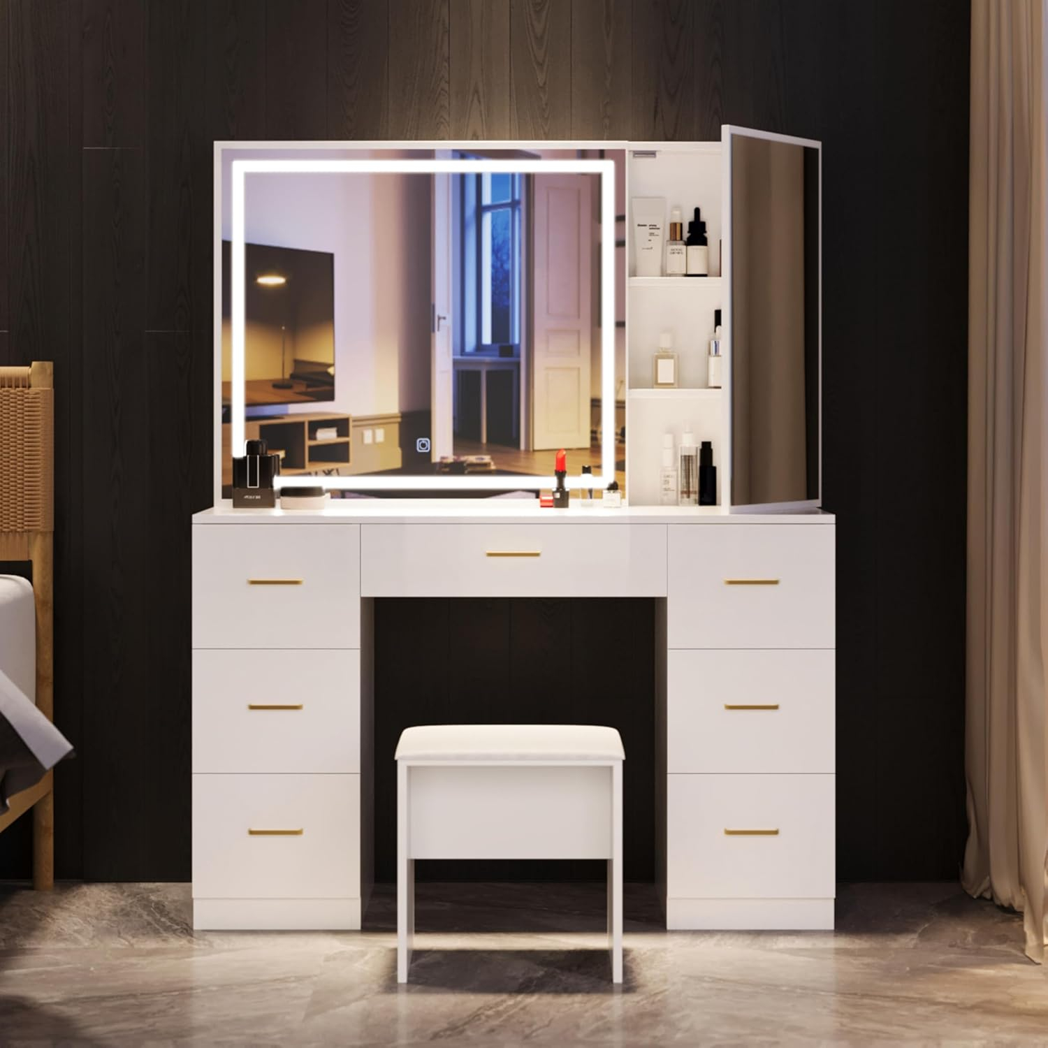 Vanity Desk with Lighted Mirror,Makeup Table with 7 Drawers,Wildhome Brand,Adult Age Group