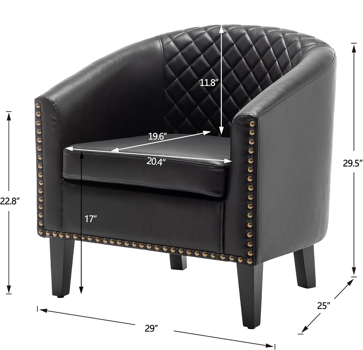 29" W Modern Faux Vegan Leather Barrel Chair, PU Upholstered Tufted Accent Club Chairs with Nailhead Trim, Small Armchair for Living Room Bedroom Apartment Lounge Nursery, Black